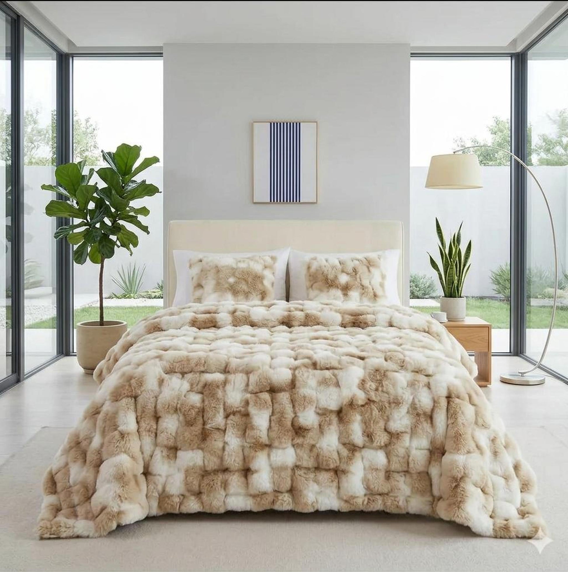 Cozy faux rabbit fleece throw blanket in a beige and white checkered pattern on a bed.