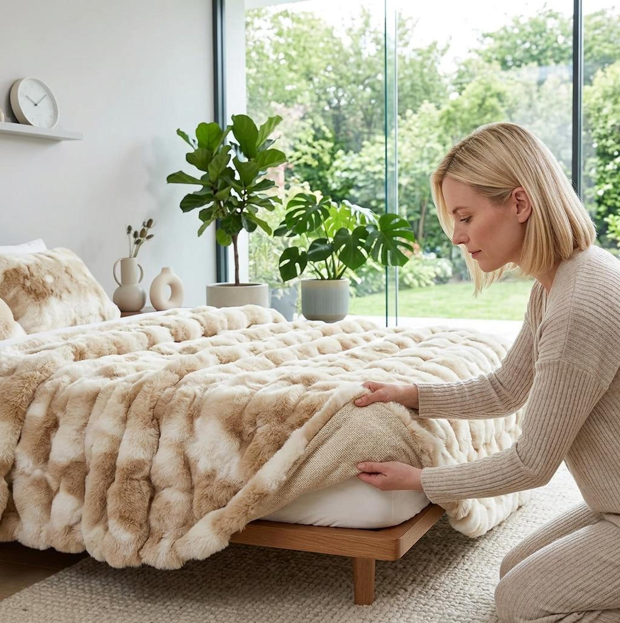 Woman adjusting a cozy cream and brown faux rabbit fleece throw blanket on a bed.