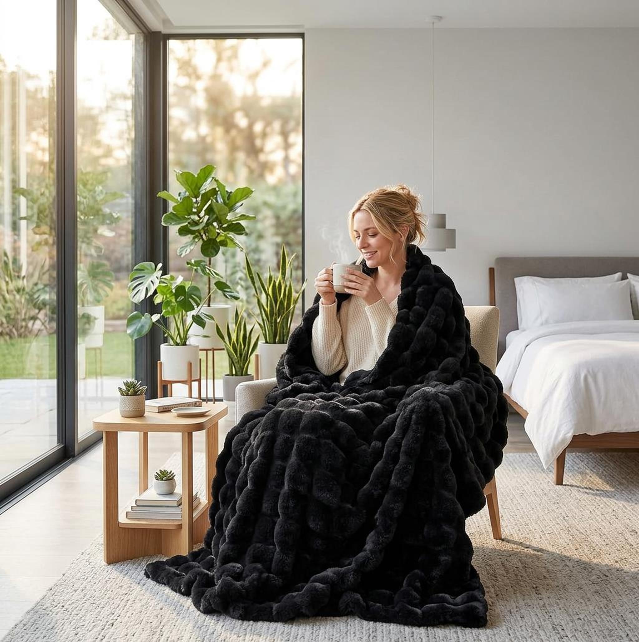 Woman wrapped in a plush black faux rabbit fleece throw blanket, holding a steaming mug in a modern room.