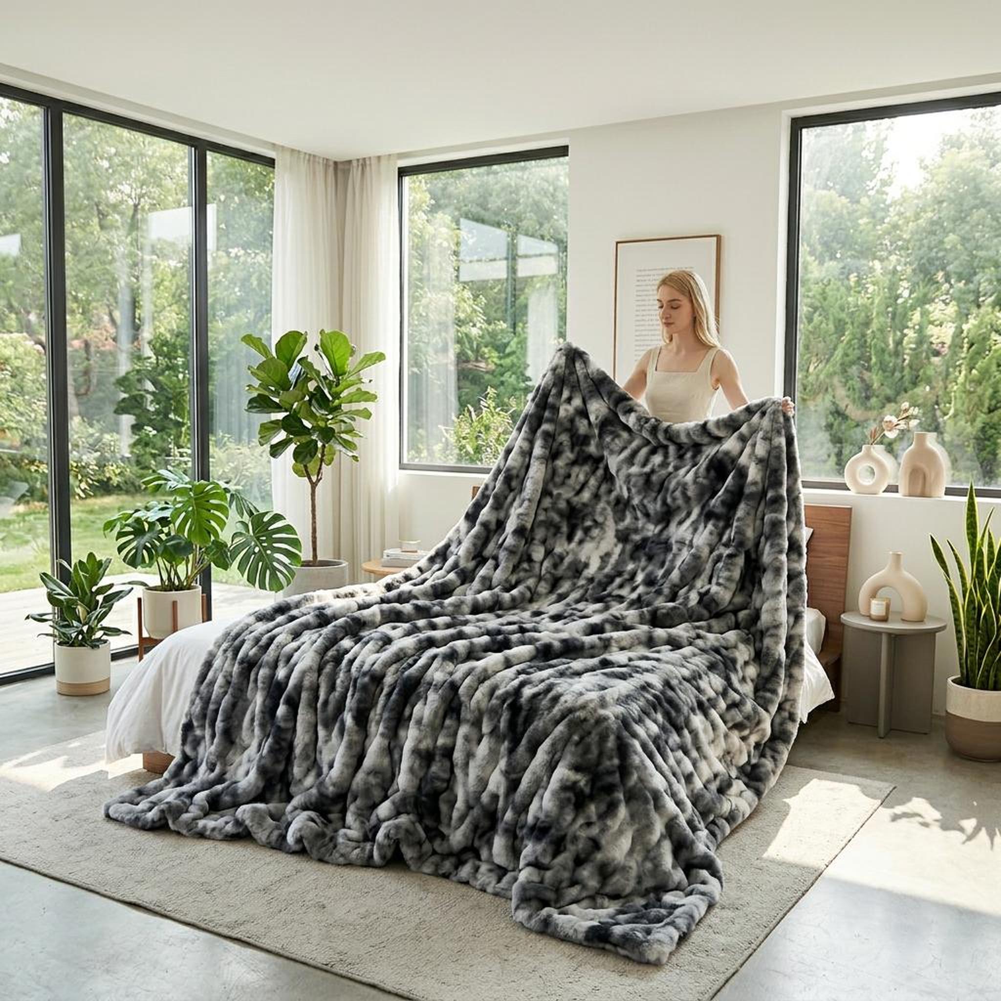 Woman unfolding a plush gray and white faux rabbit fleece throw blanket on a bed in a bright room.