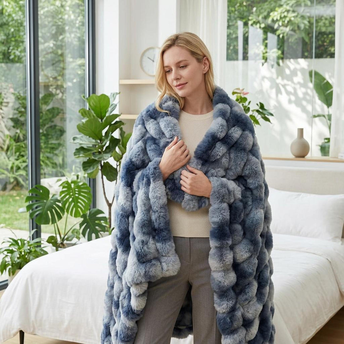 Woman wrapped in a plush blue and grey faux rabbit fleece throw blanket, standing in a bright bedroom.