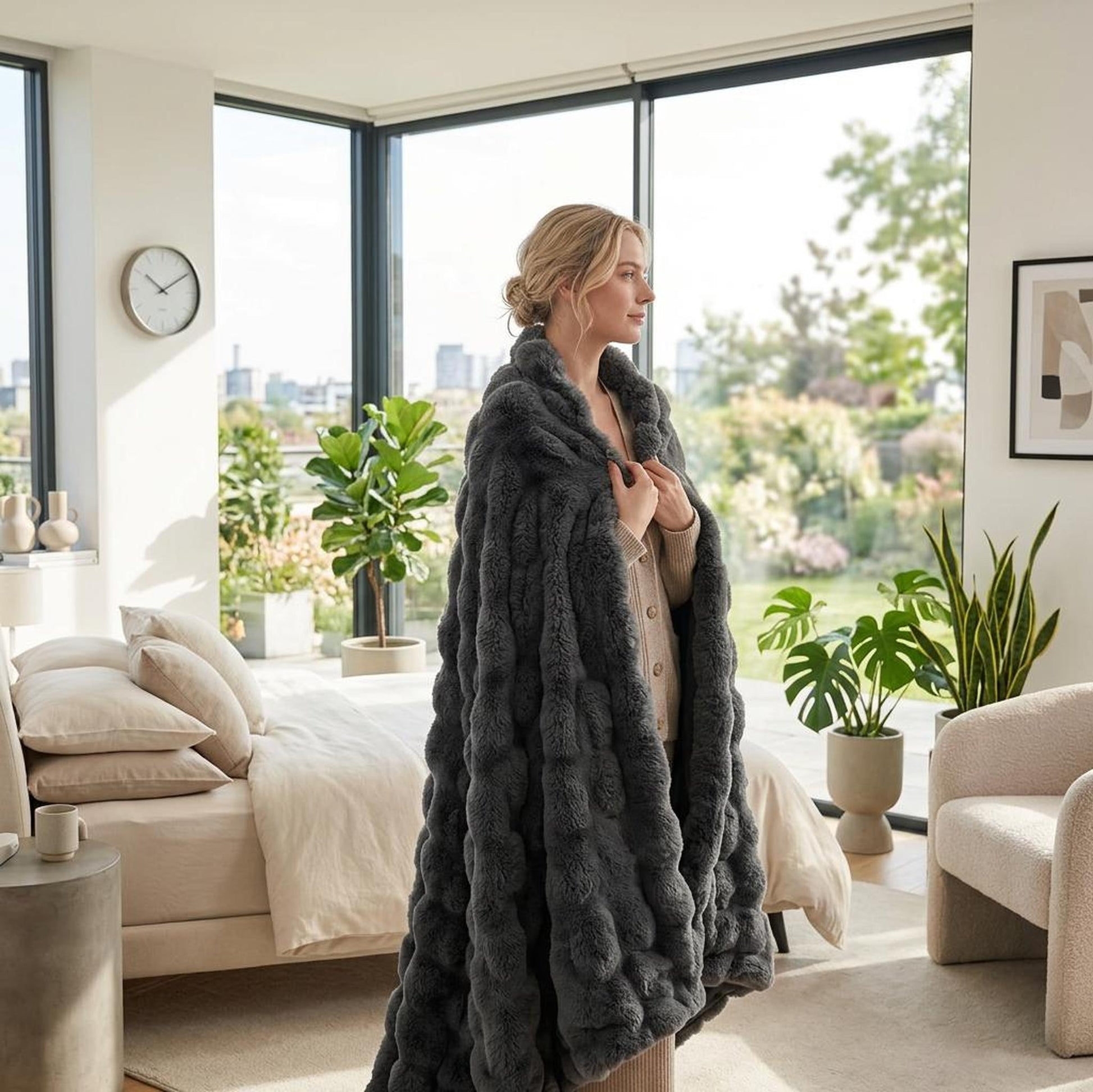 Woman wrapped in a cozy dark gray faux rabbit fleece throw blanket in a modern bedroom.