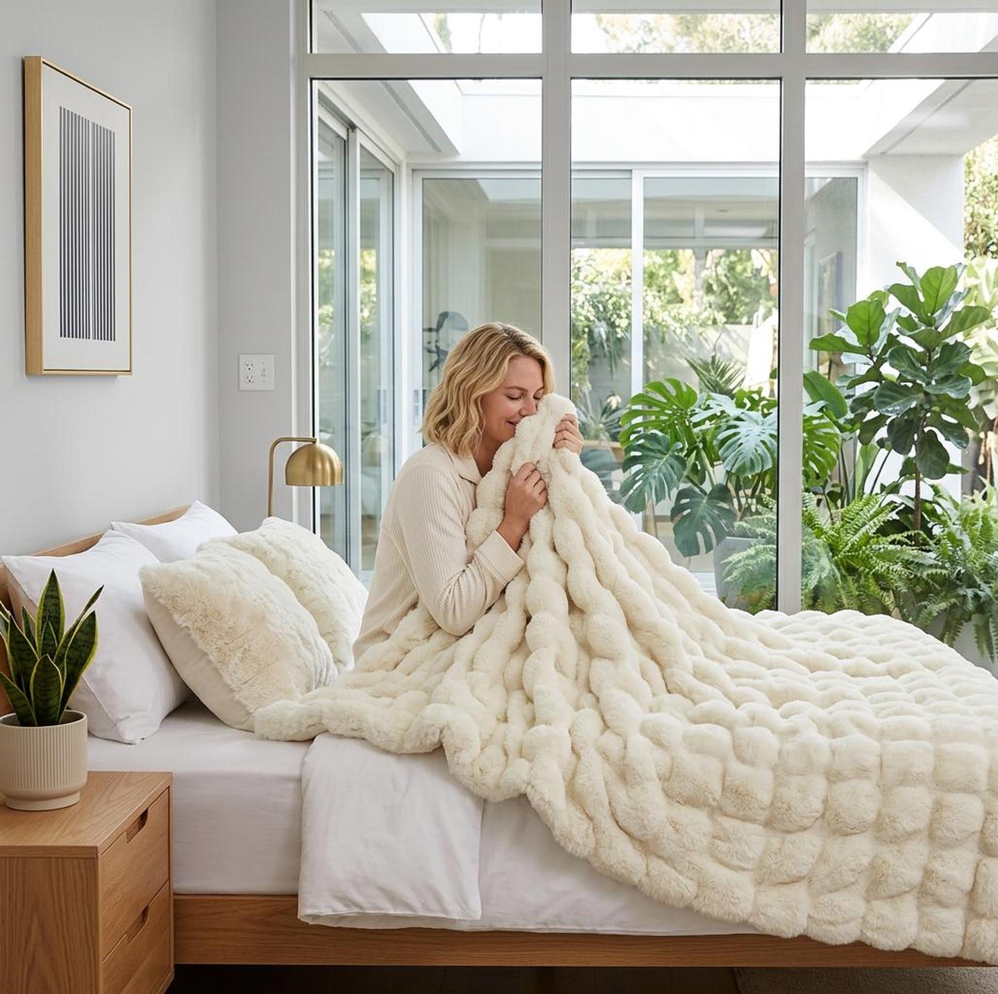 Blonde woman on a bed, snuggling a cream faux rabbit fleece throw blanket with a textured bubble design.
