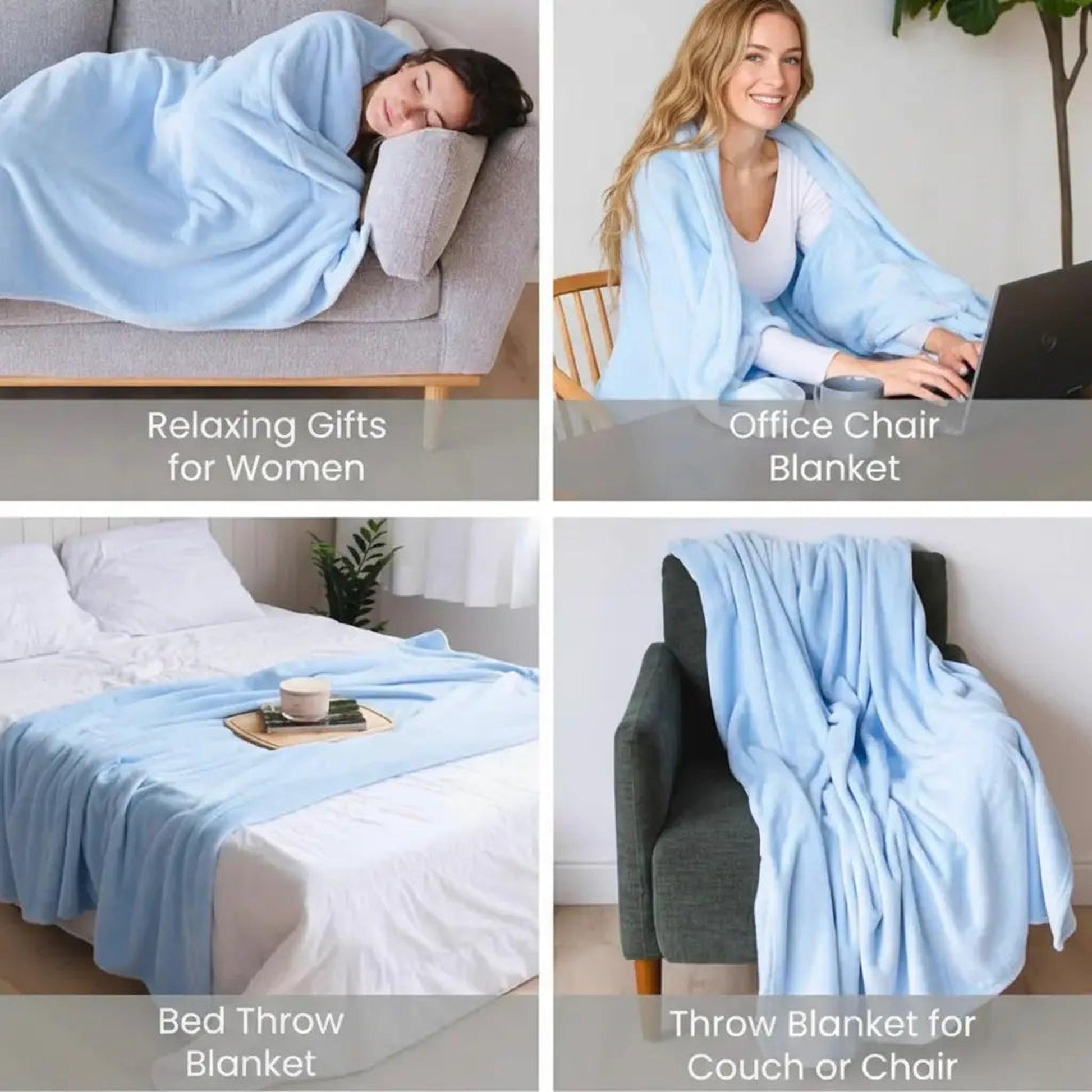 Light blue flannel wearable blanket hoodie used for relaxing, working, and as a throw on a bed or chair.