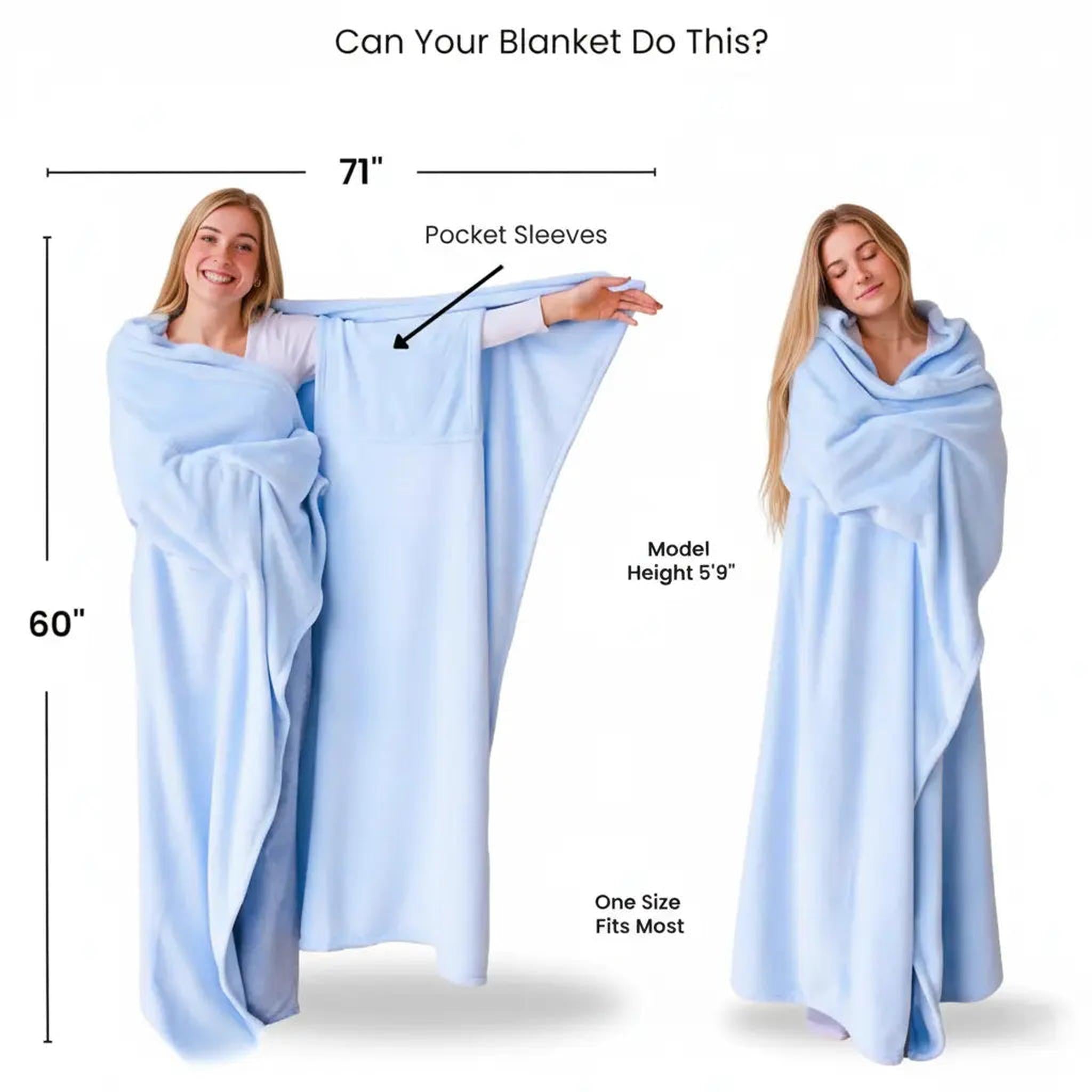 Smiling woman modeling a light blue flannel wearable blanket with pocket sleeves, showing its 60"x71" size.