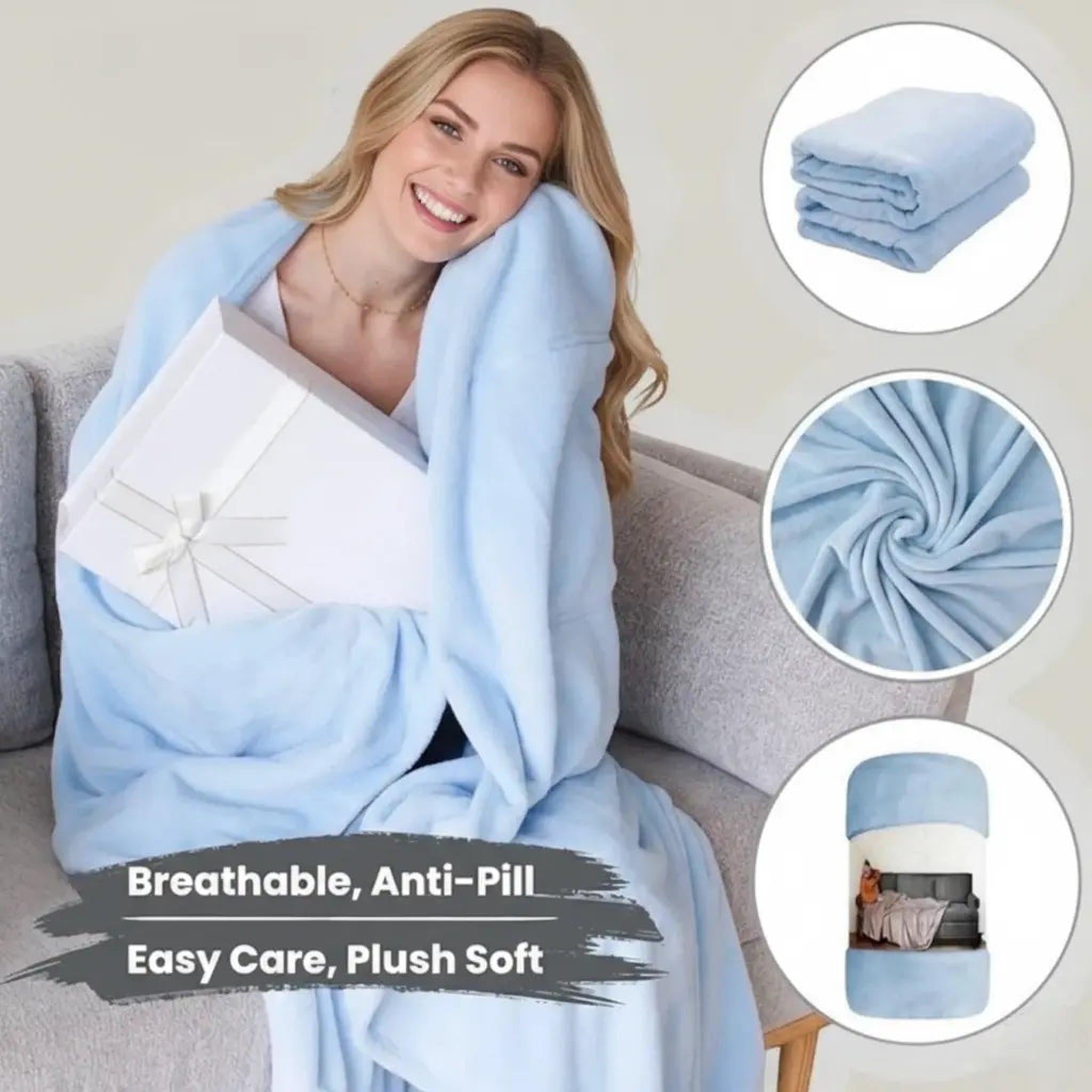 Smiling woman wrapped in a light blue flannel wearable blanket, holding a gift box. Insets show folded blanket, plush texture, and rolled blanket.