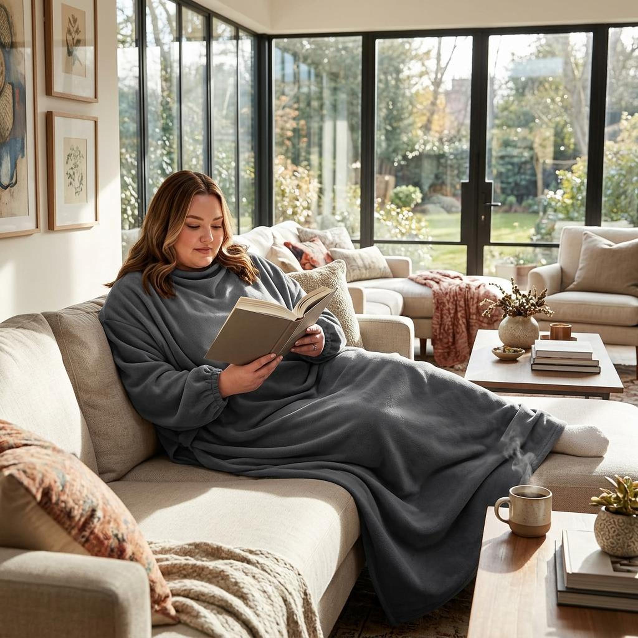 Woman relaxing on a sofa, wearing a dark gray flannel wearable blanket hoodie, reading a book.