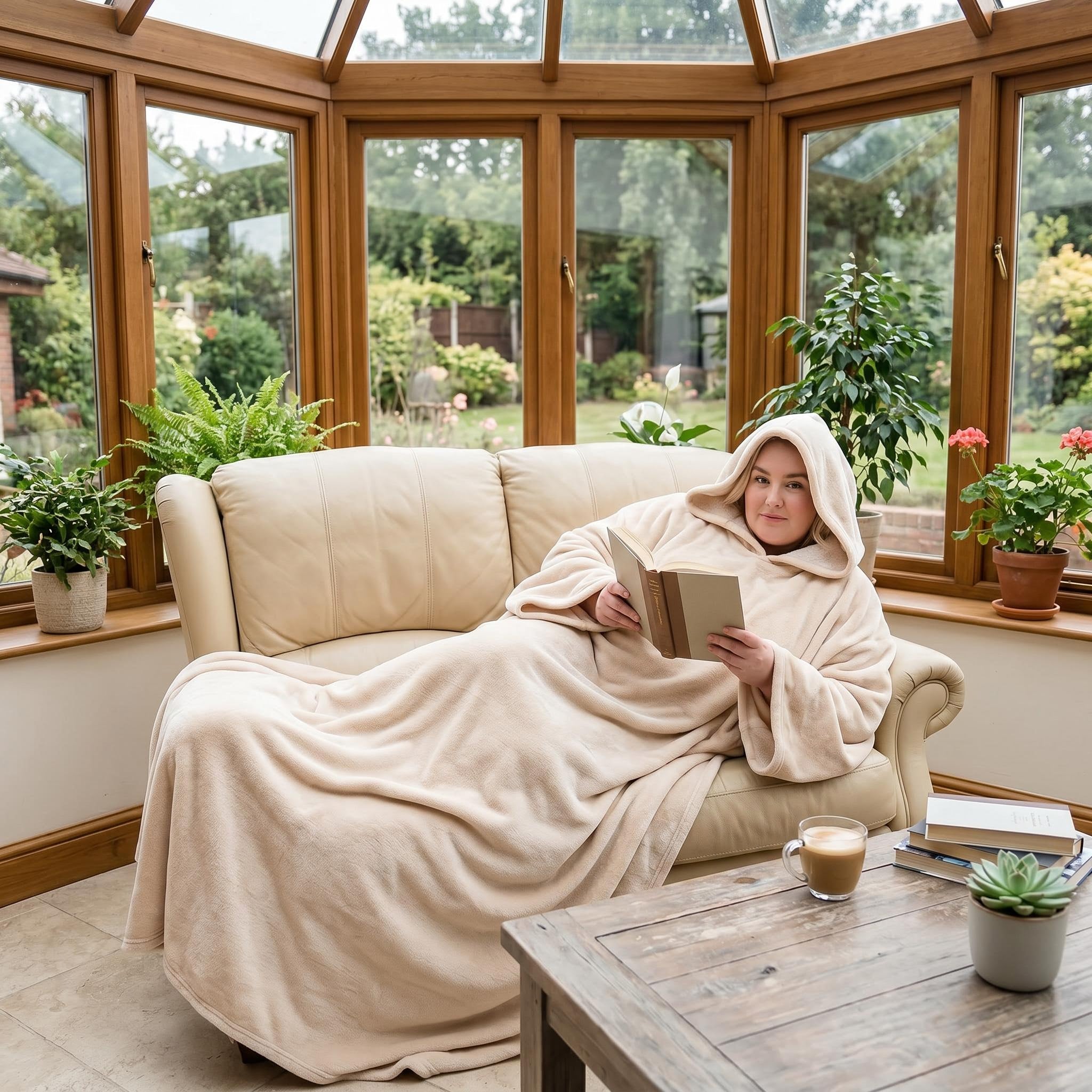 Woman relaxing on a cream sofa in a conservatory, wearing a hooded beige flannel wearable blanket and reading a book.