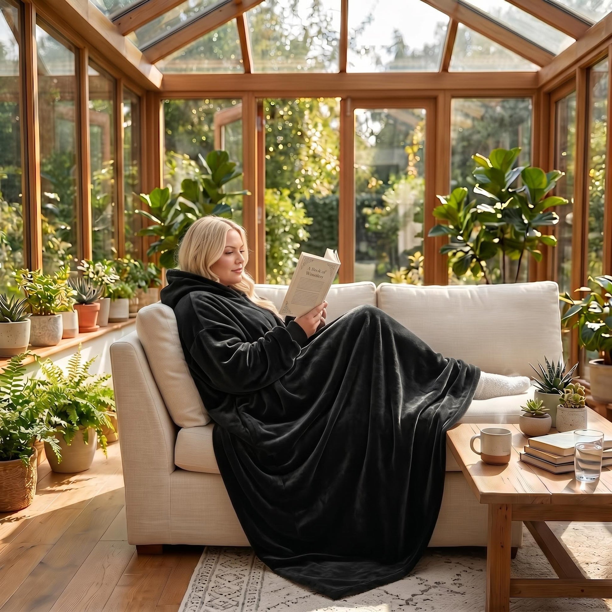 Woman in a cozy black flannel wearable blanket hoodie, reading on a cream sofa in a sunroom.