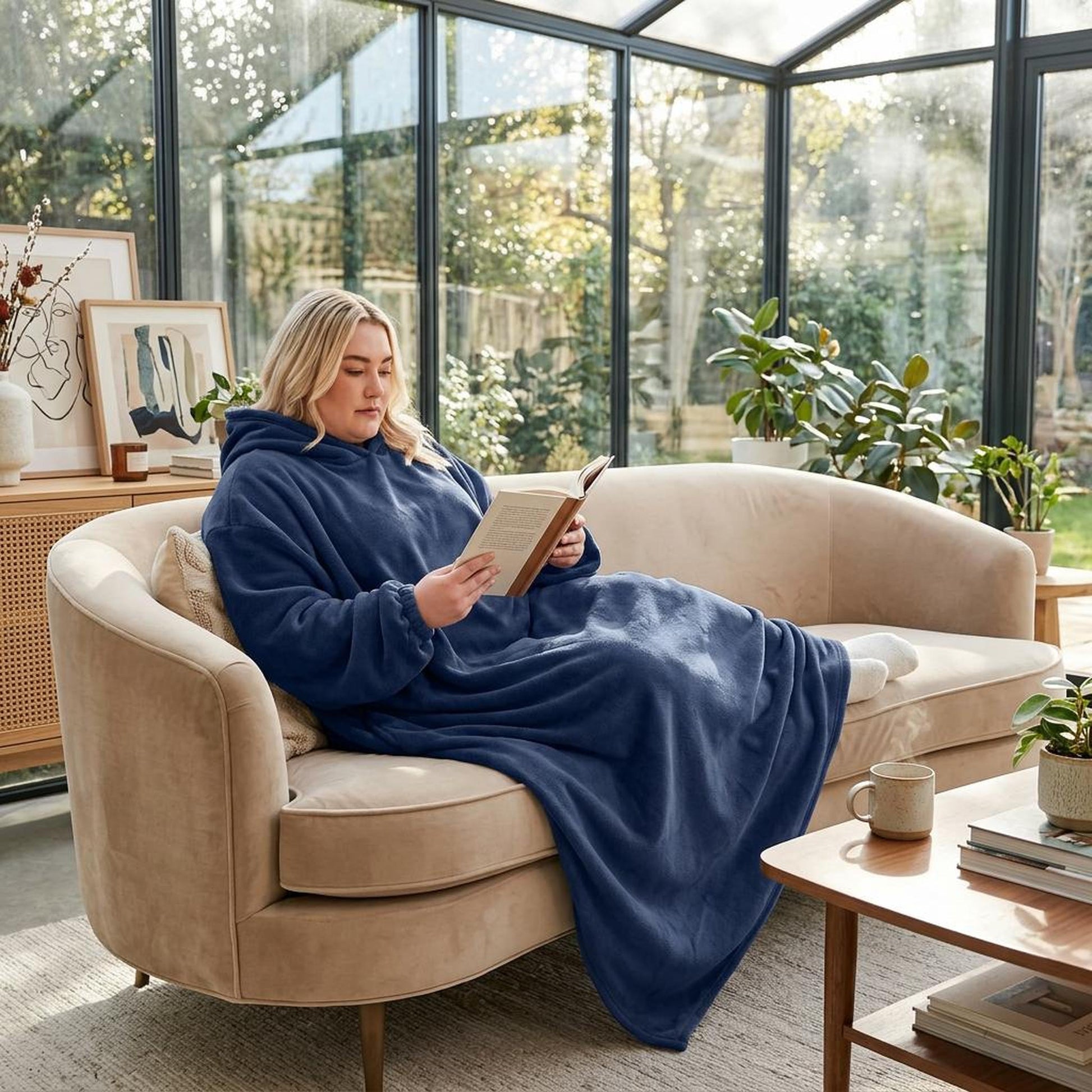 Woman relaxing on a sofa, wearing a cozy navy blue flannel wearable blanket hoodie, reading a book.