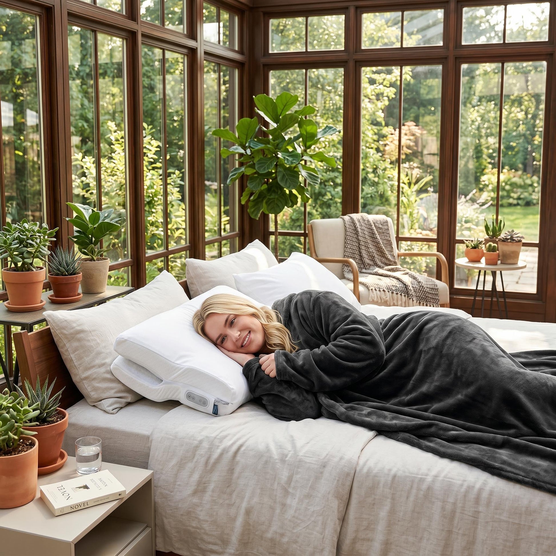 Blonde woman smiling, cozy in a dark gray flannel wearable blanket hoodie, relaxing on a bed with a white pillow.