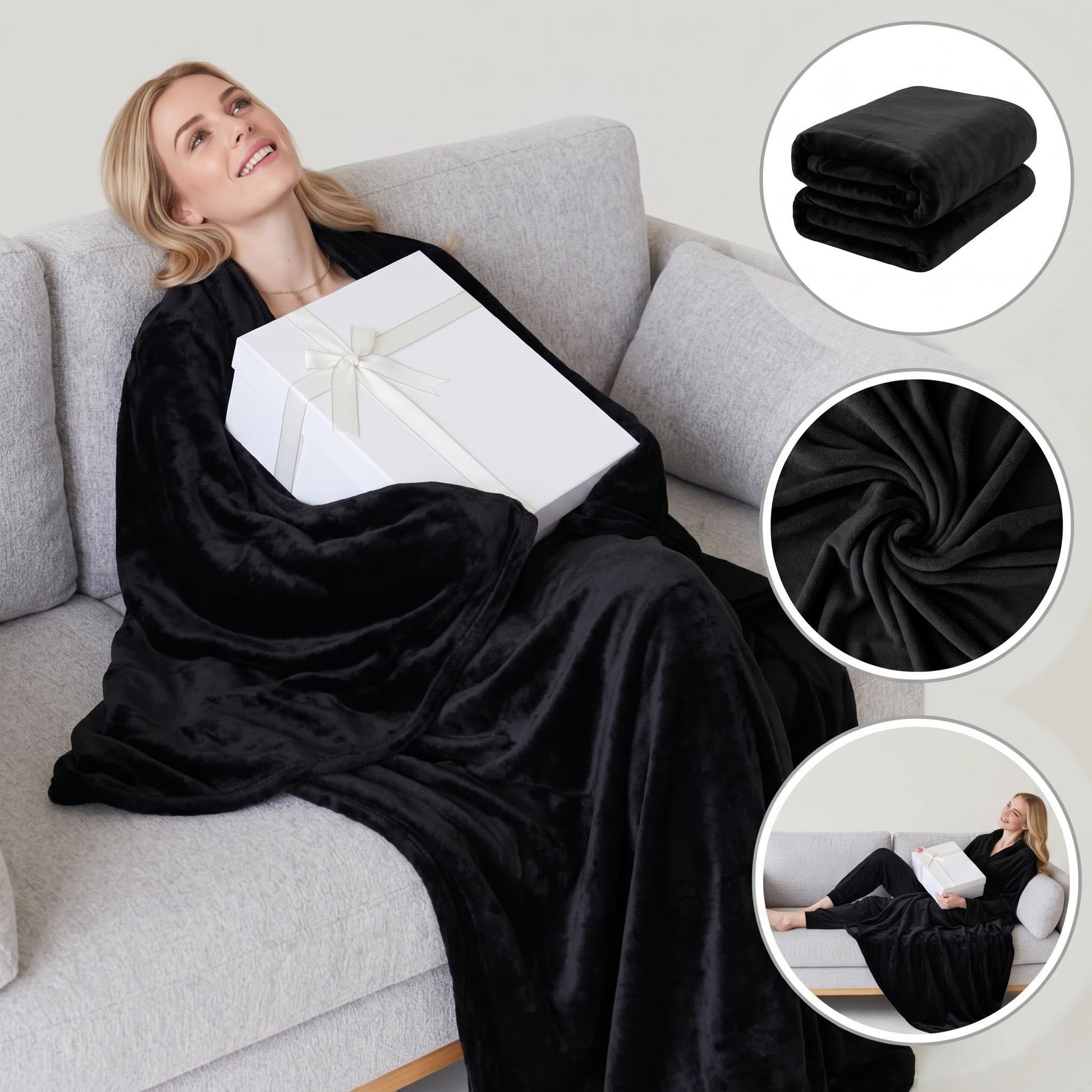 Smiling woman on a sofa wearing a black flannel wearable blanket, holding a gift box. Insets show folded blanket and fabric texture.