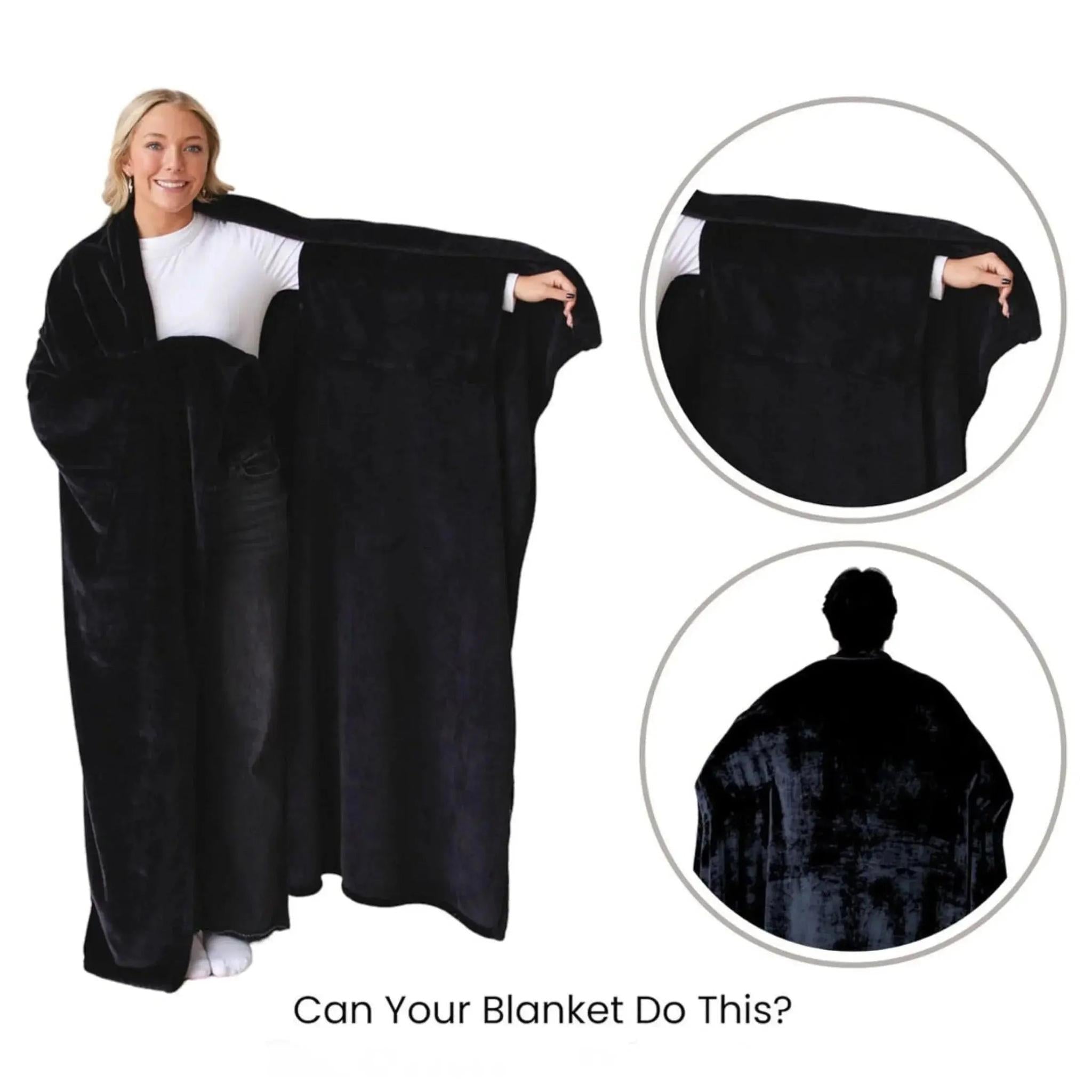 Woman wearing a black flannel wearable blanket hoodie, with close-ups of the arm opening and back.