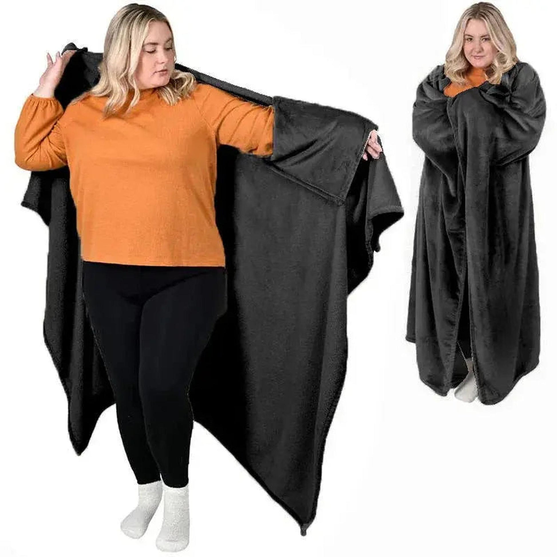 Woman wearing a soft black flannel wearable blanket hoodie, shown open and wrapped for comfort.