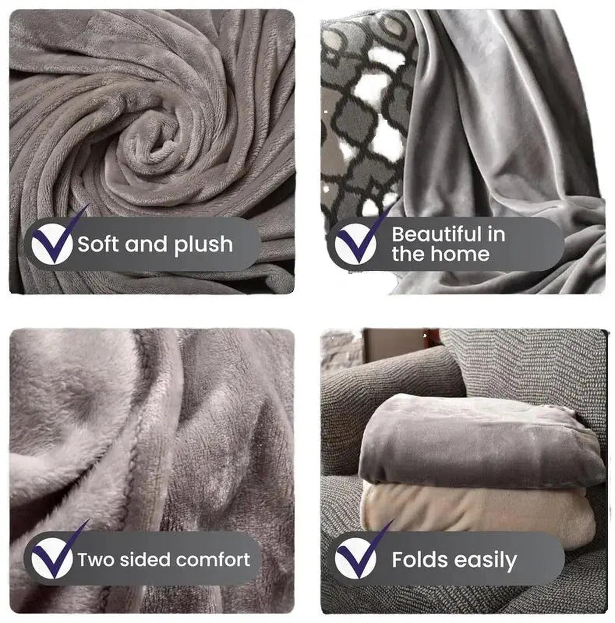 Four close-up images show a soft, plush gray flannel wearable blanket, folded and draped, highlighting its texture and versatility.