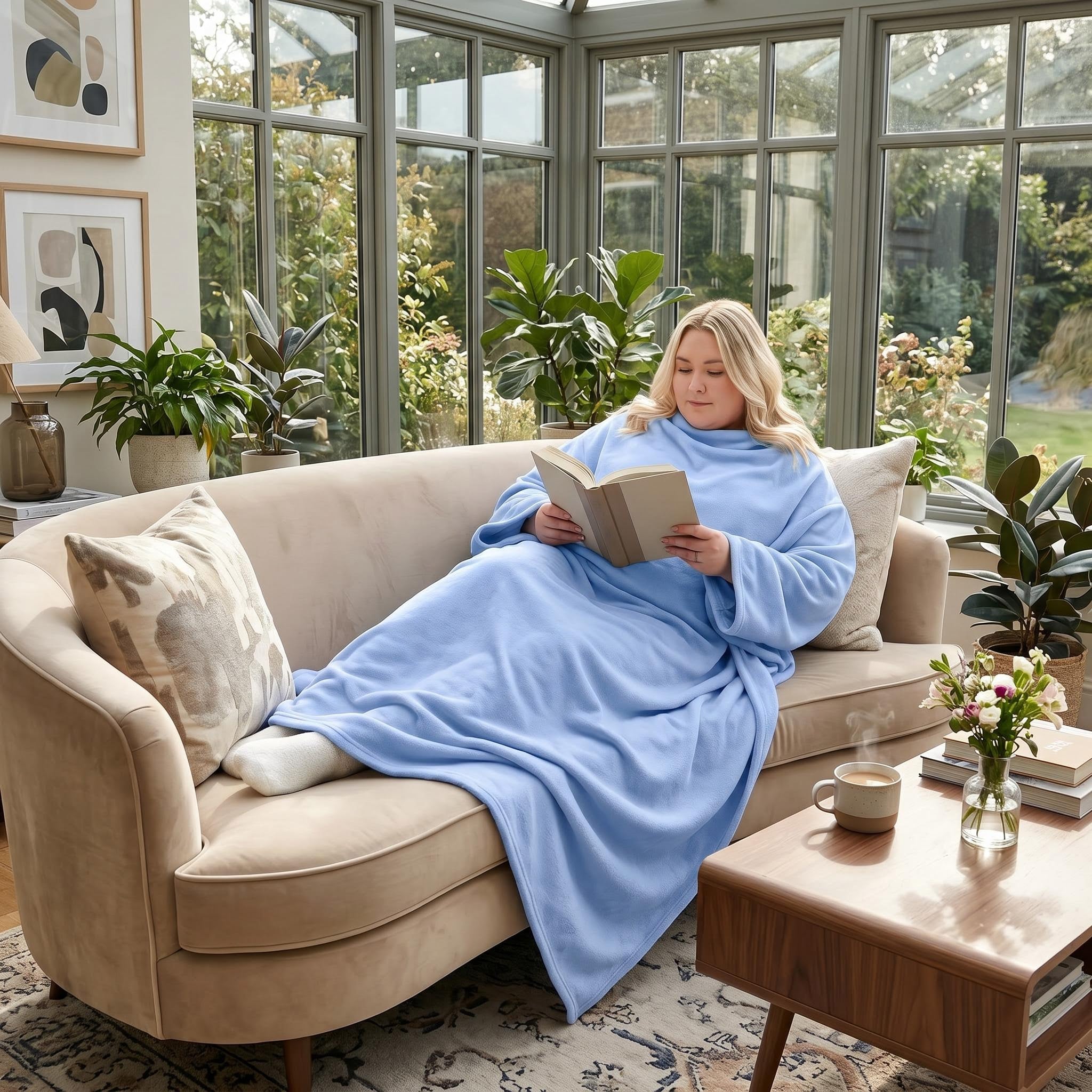 Blonde woman relaxing on a beige sofa, reading a book while wearing a soft, light blue flannel wearable blanket.
