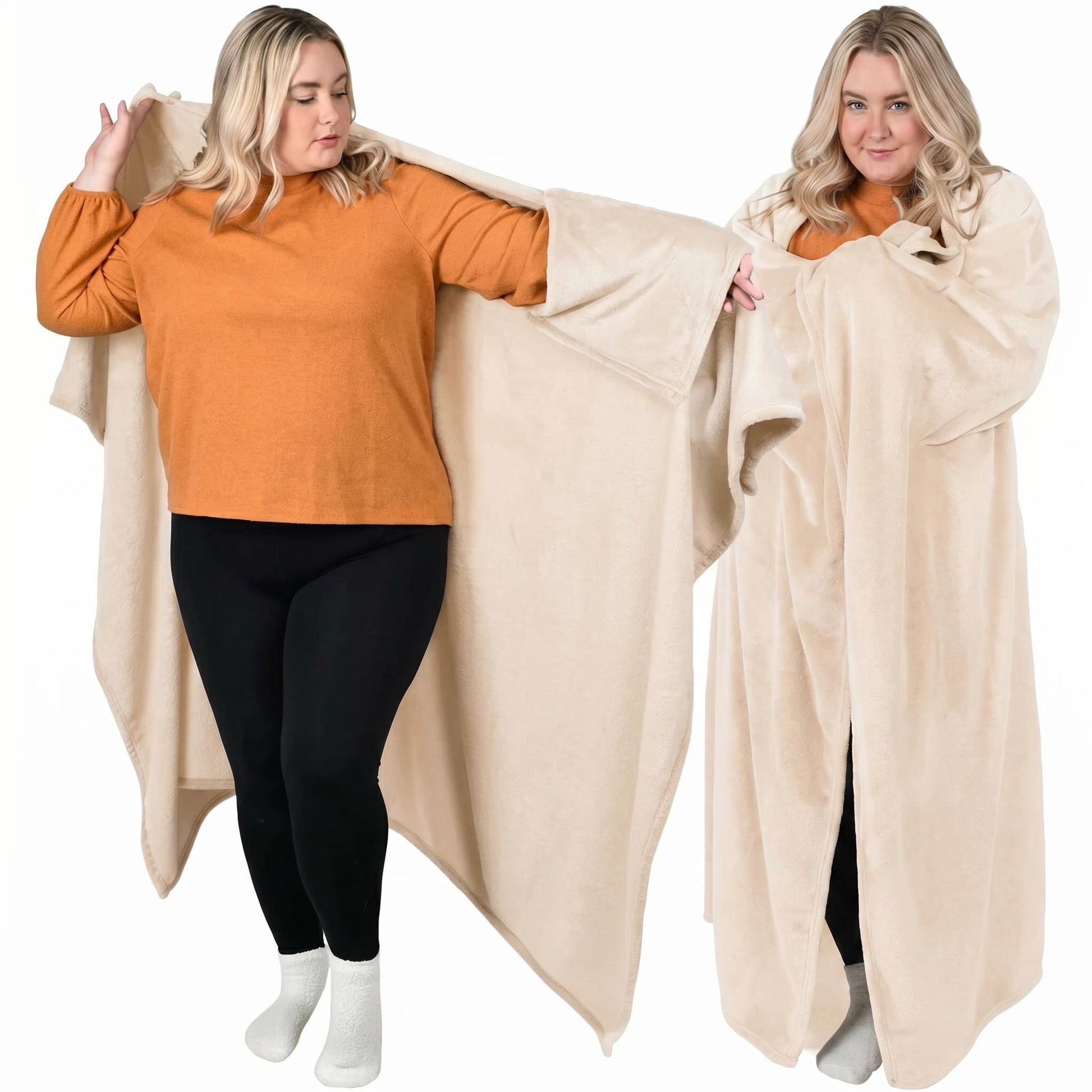Blonde woman in an orange top modeling a soft, beige flannel wearable blanket hoodie.
