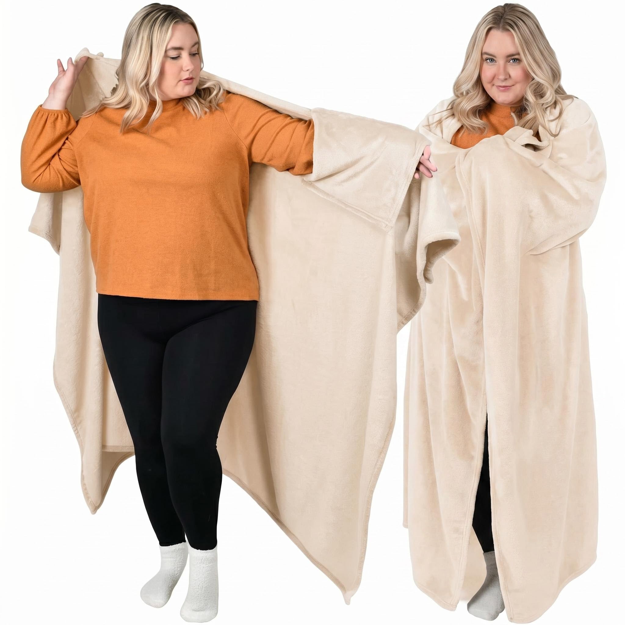 Blonde woman in an orange top modeling a soft, beige flannel wearable blanket hoodie.