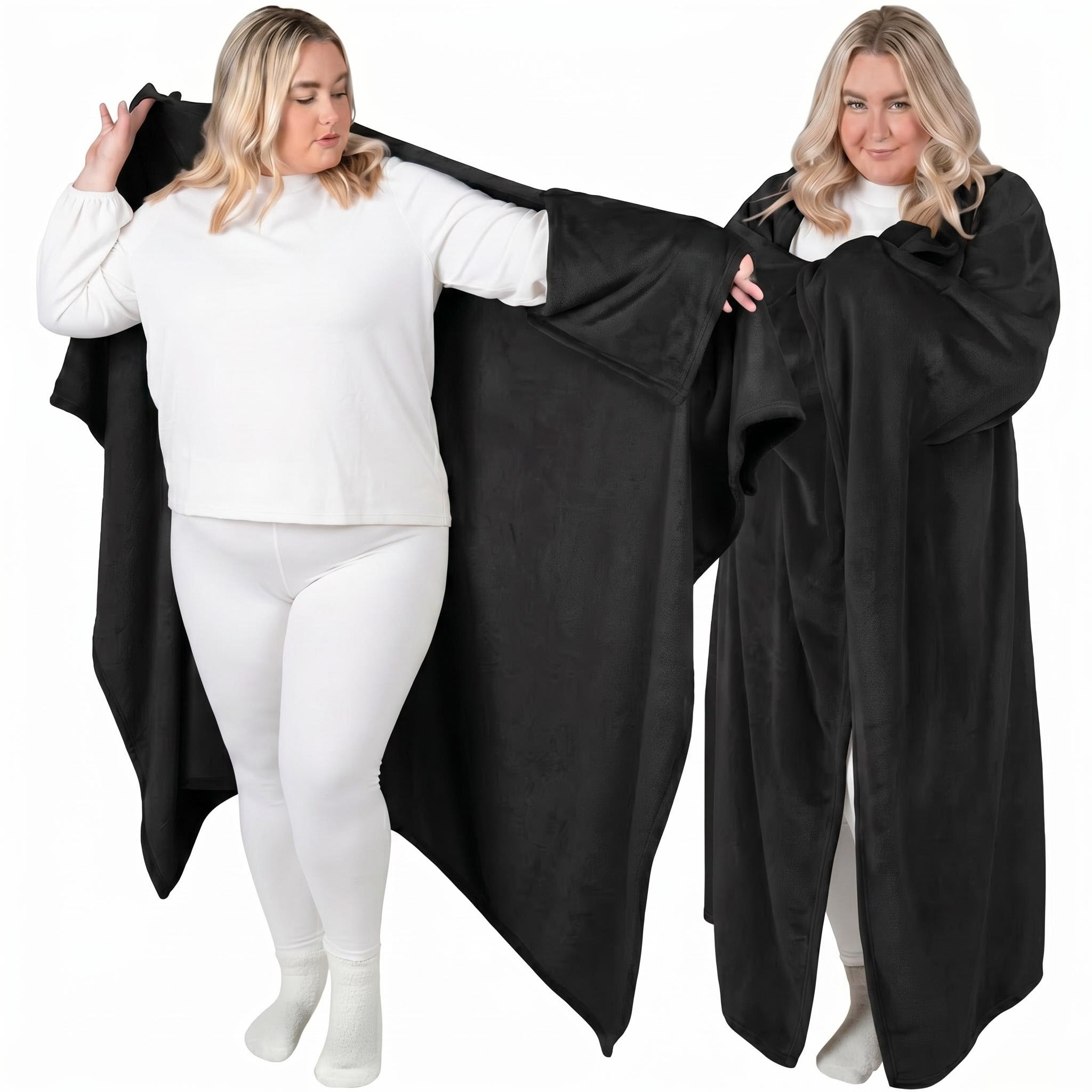 Woman modeling a black flannel wearable blanket hoodie, showing its soft texture and full-body coverage.