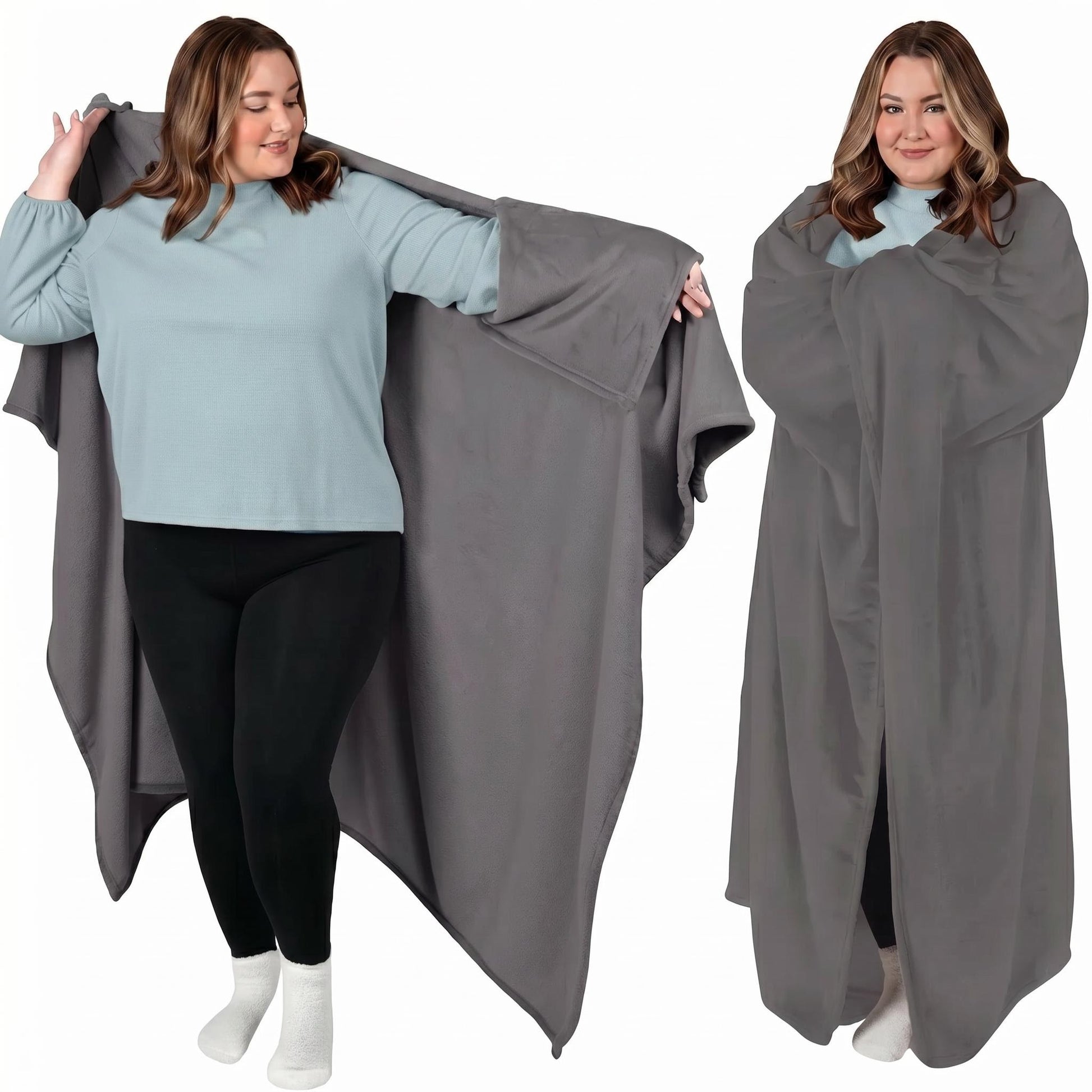 Woman modeling a cozy gray flannel wearable blanket hoodie, showing its full length and sleeves.