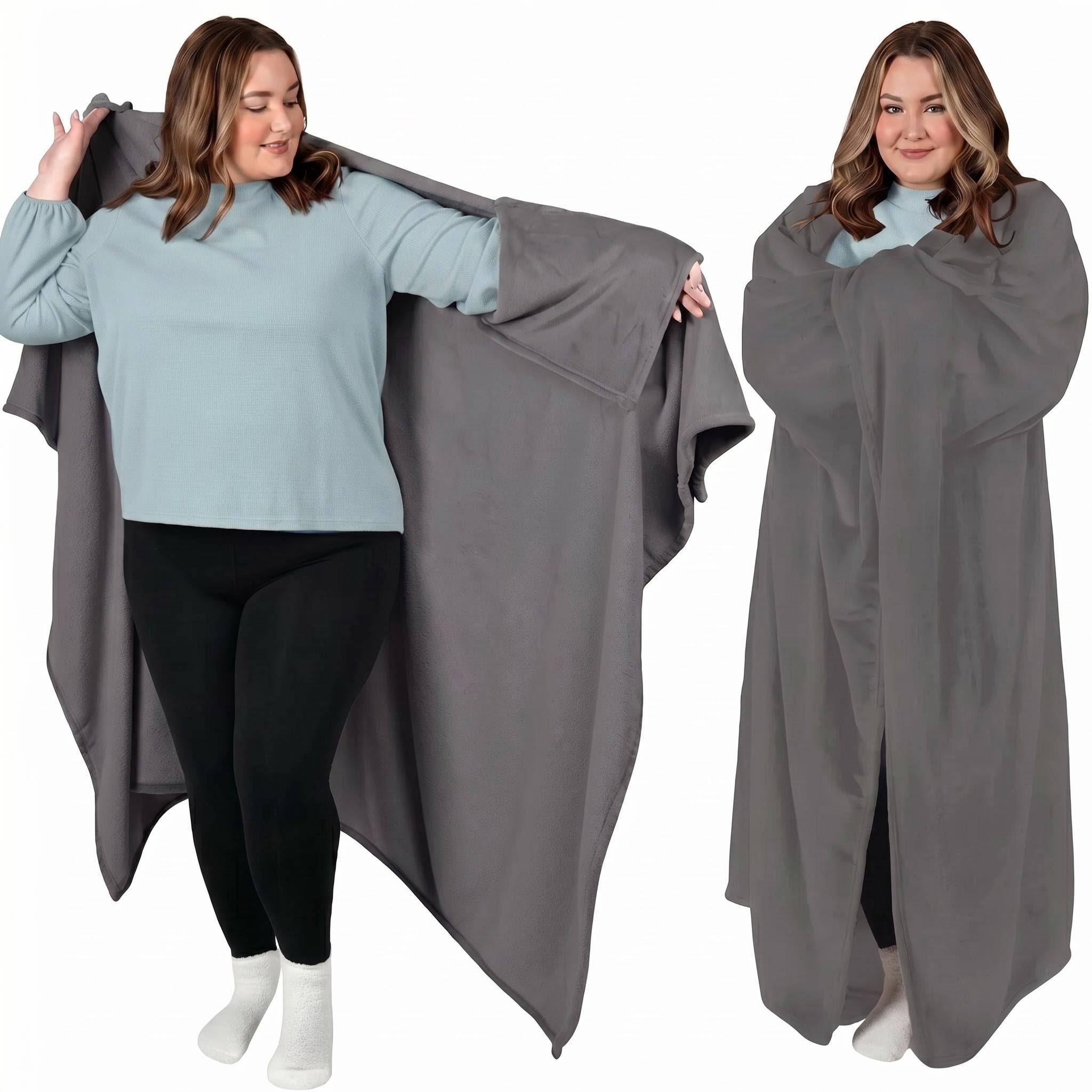 Woman modeling a cozy gray flannel wearable blanket hoodie, showing its full length and sleeves.