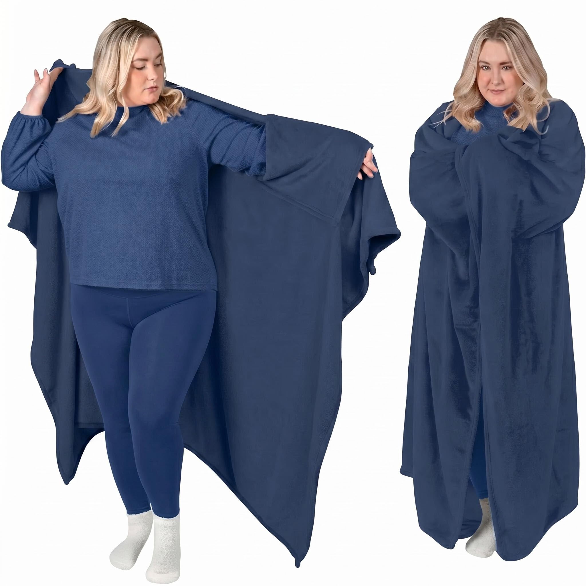 Woman modeling a soft, navy blue flannel wearable blanket with sleeves, shown open and wrapped.