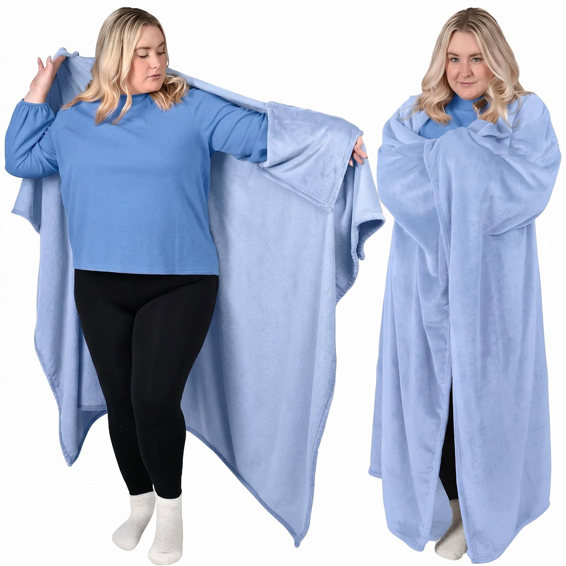 Woman modeling a soft, light blue flannel wearable blanket hoodie, shown open and wrapped.