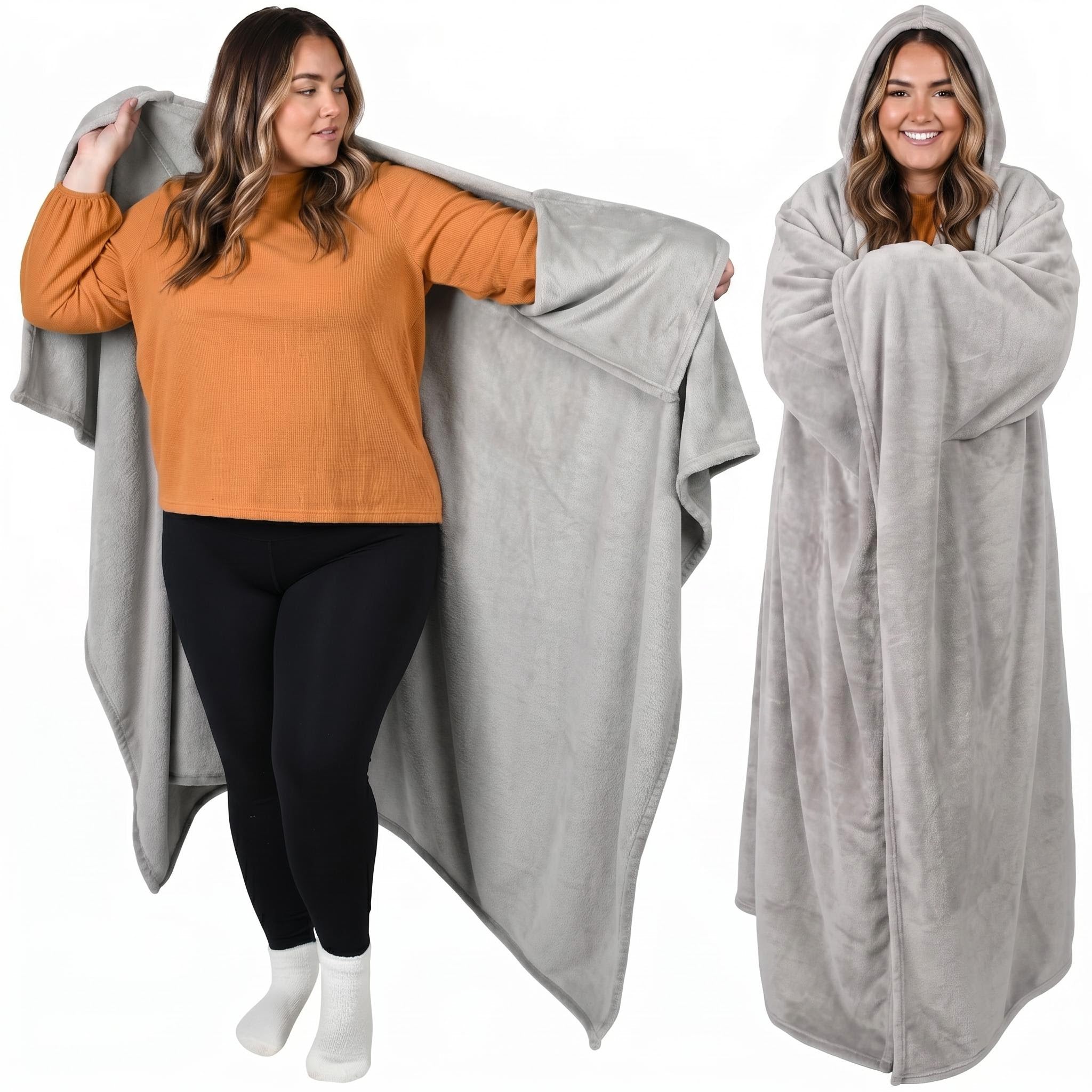 Woman modeling a soft, light gray flannel wearable blanket hoodie with sleeves and a hood.