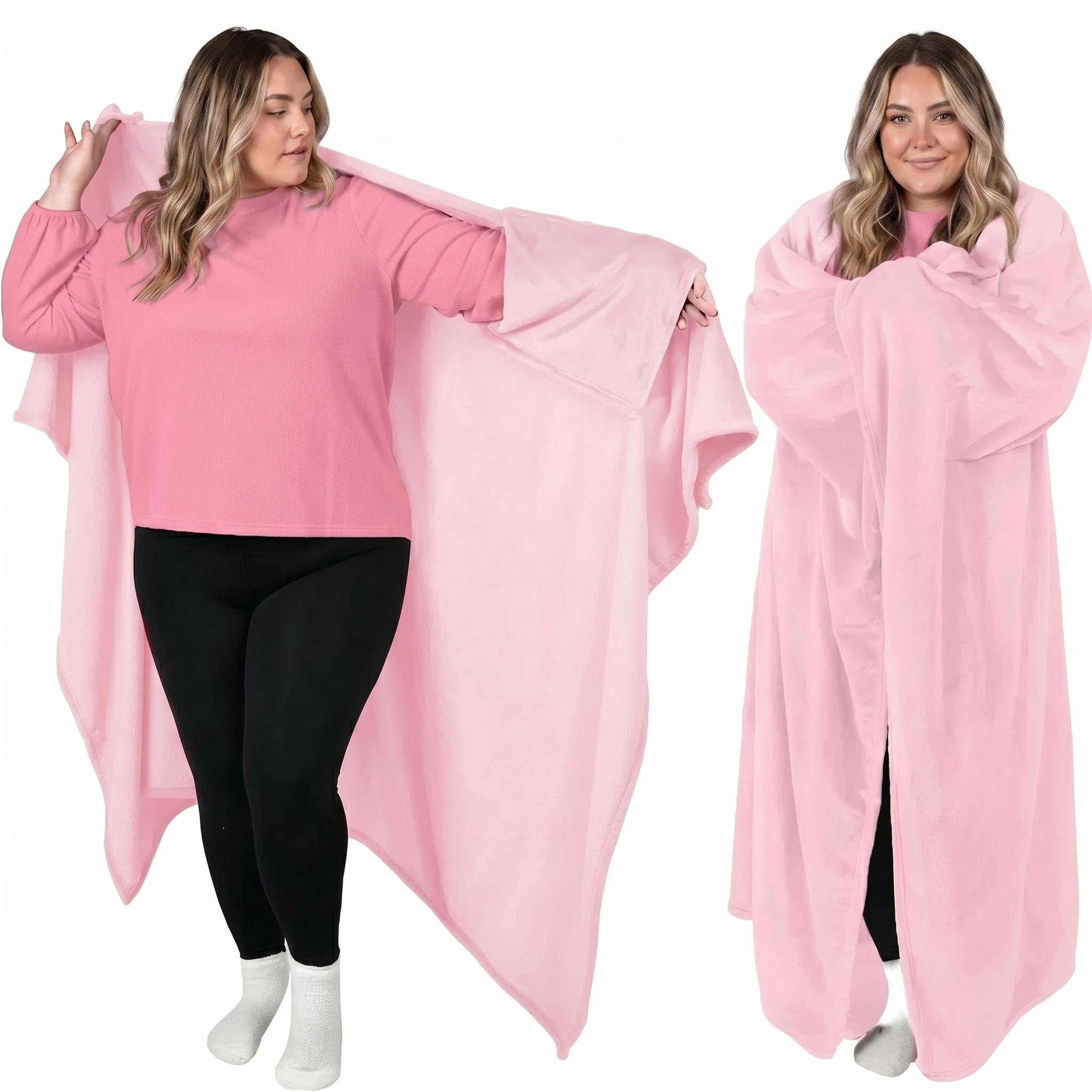 Woman modeling a pink flannel wearable blanket hoodie, showing its open and wrapped styles.
