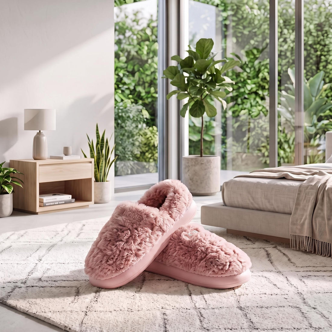 Woman in satin pajamas wearing plush, pink faux fur microwavable slippers while standing in a sunlit bedroom.