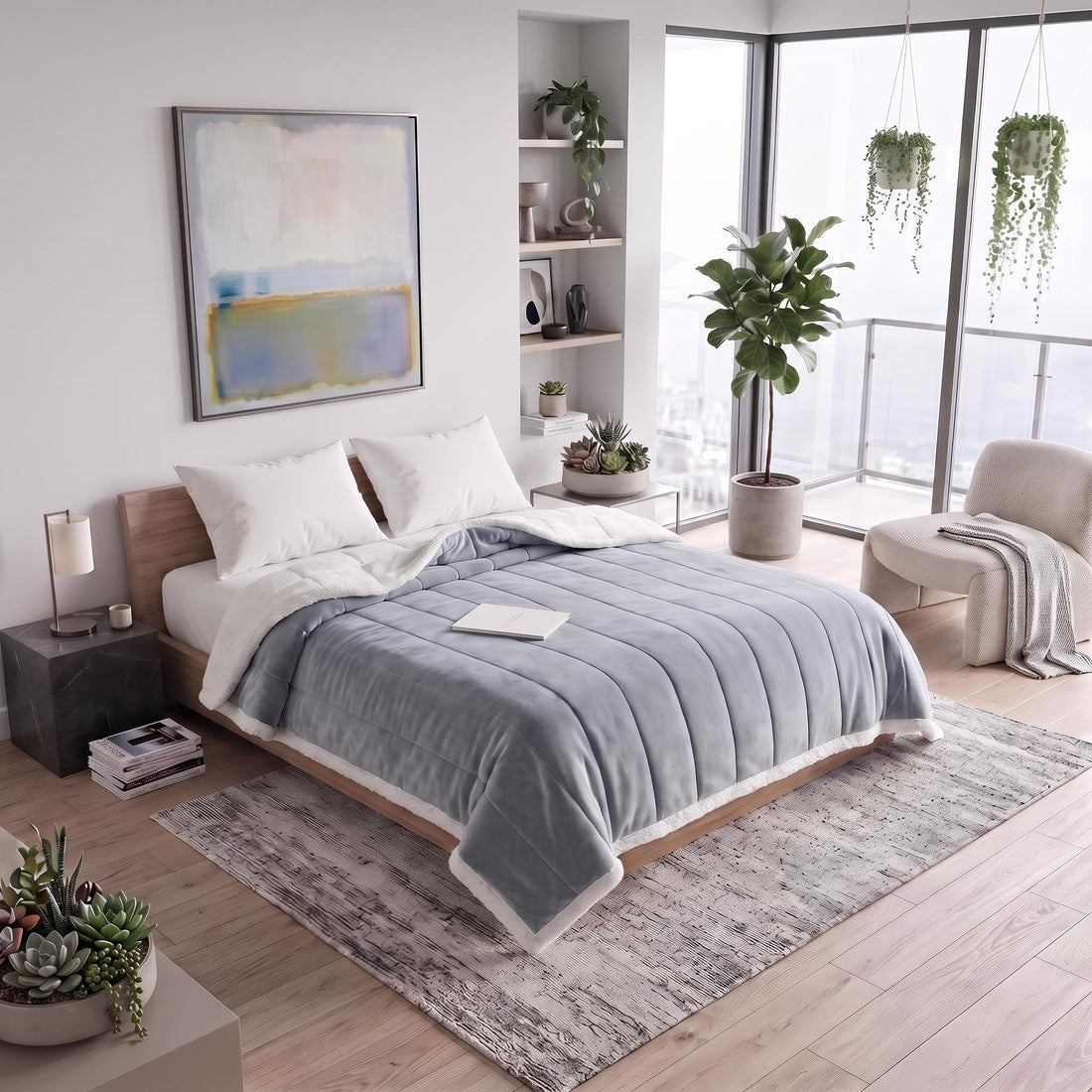 Couple relaxing on a bed under a plush, grey flannel fleece blanket with a soft white sherpa trim in a modern bedroom.