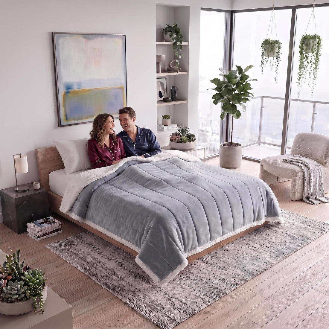Couple relaxing on a bed under a plush, grey flannel fleece blanket with a soft white sherpa trim in a modern bedroom.