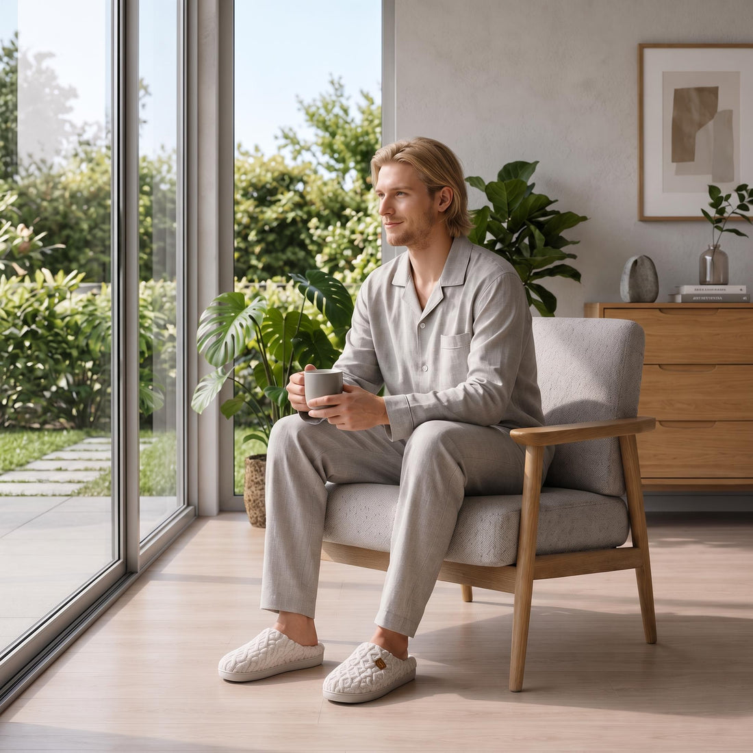 Man wearing soft, cream-colored cotton slip-on indoor slippers with a textured knit design while relaxing in a chair.