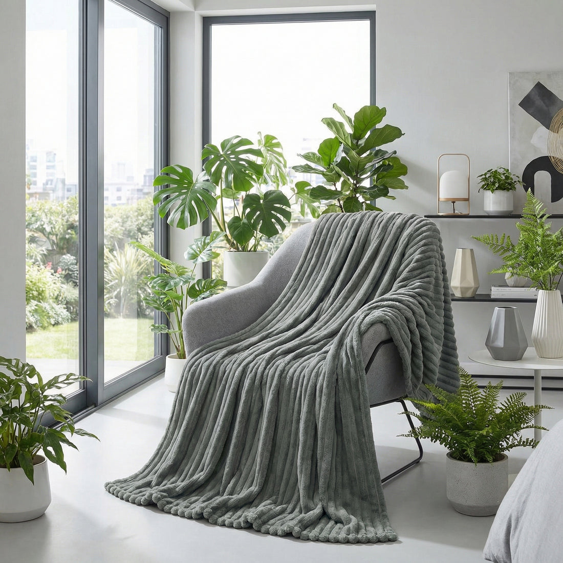 Blonde woman relaxing in a gray chair, wrapped in a cozy, ribbed gray plush flannel blanket, holding a mug.