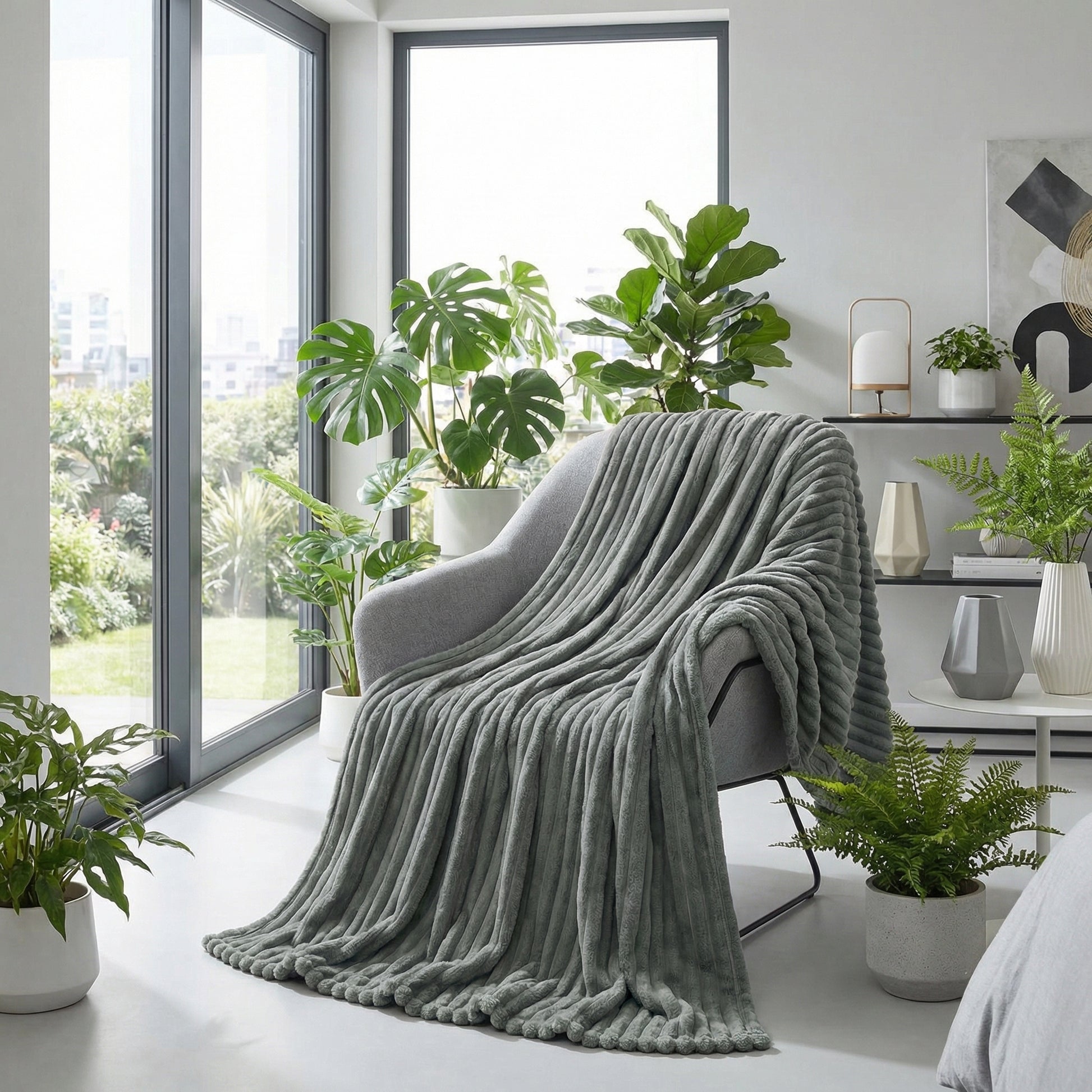 CozyNap Flannel Blanket in a soft gray plush, draped over a modern armchair in a bright room with plants.