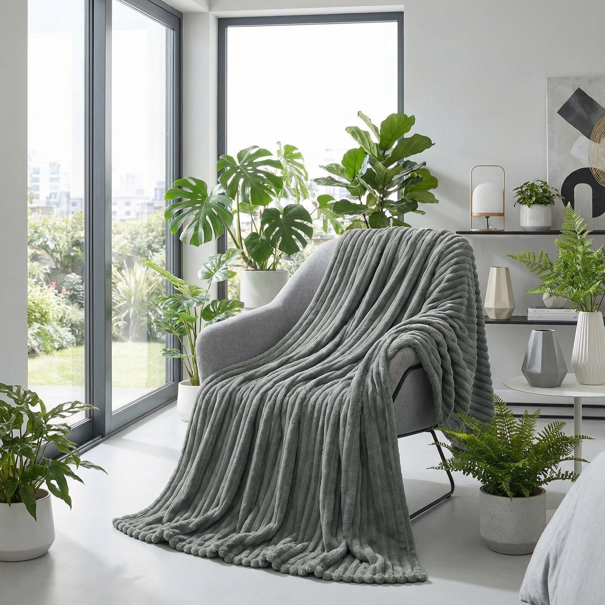 CozyNap Flannel Blanket in a soft gray plush, draped over a modern armchair in a bright room with plants.