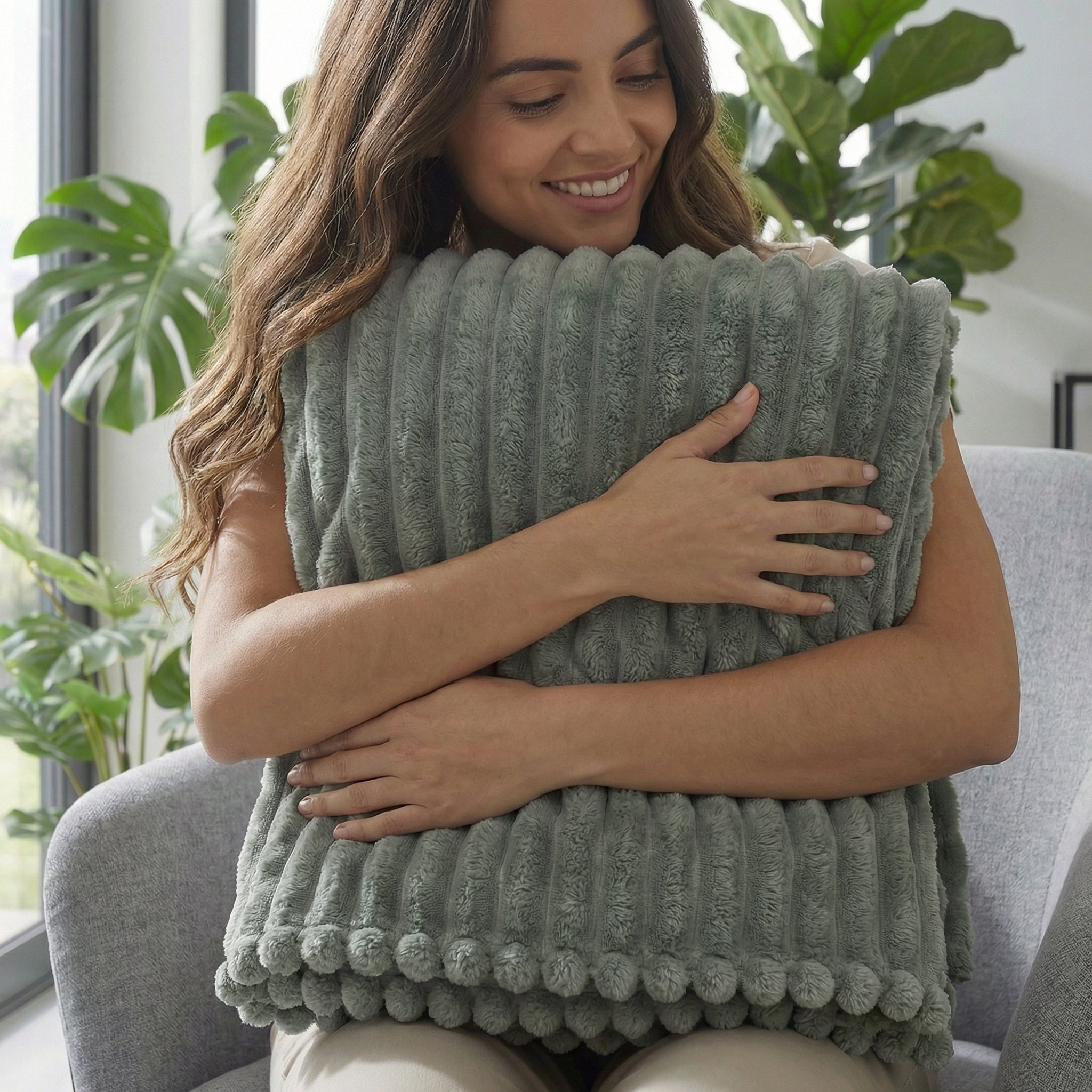 Smiling woman hugging a soft, ribbed CozyNap Flannel Blanket in sage green with decorative pom-poms.