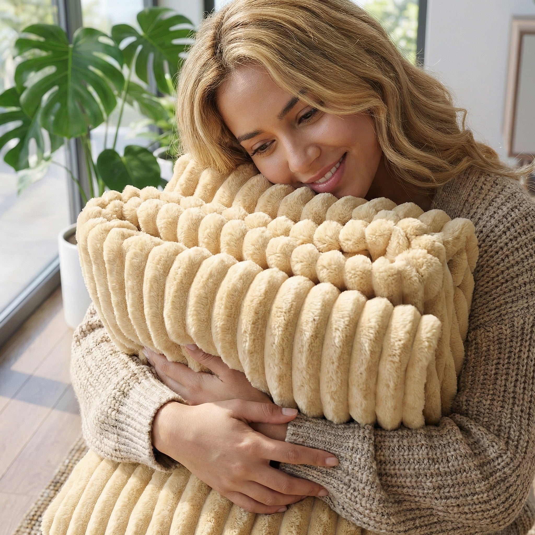 Smiling woman hugging a soft, ribbed beige CozyNap Flannel Blanket, highlighting its plush texture.