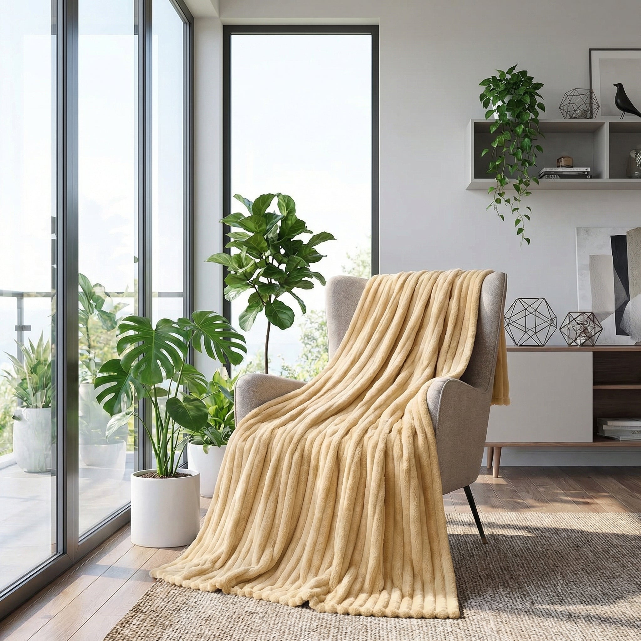 CozyNap Flannel Blanket in a soft golden-yellow plush draped over a light gray armchair in a bright living room.
