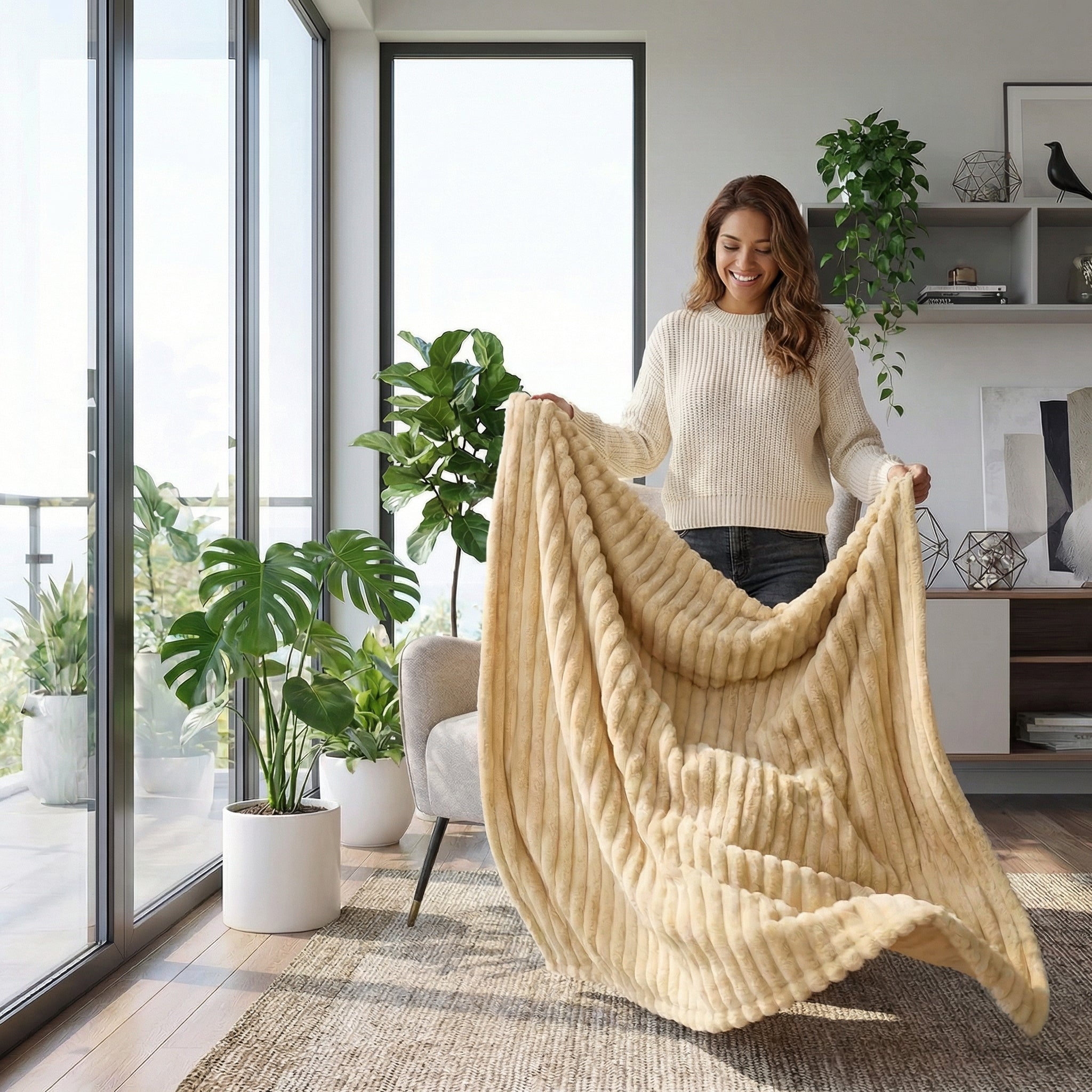 Smiling woman holding a soft, ribbed beige CozyNap Flannel Blanket in a bright living room.