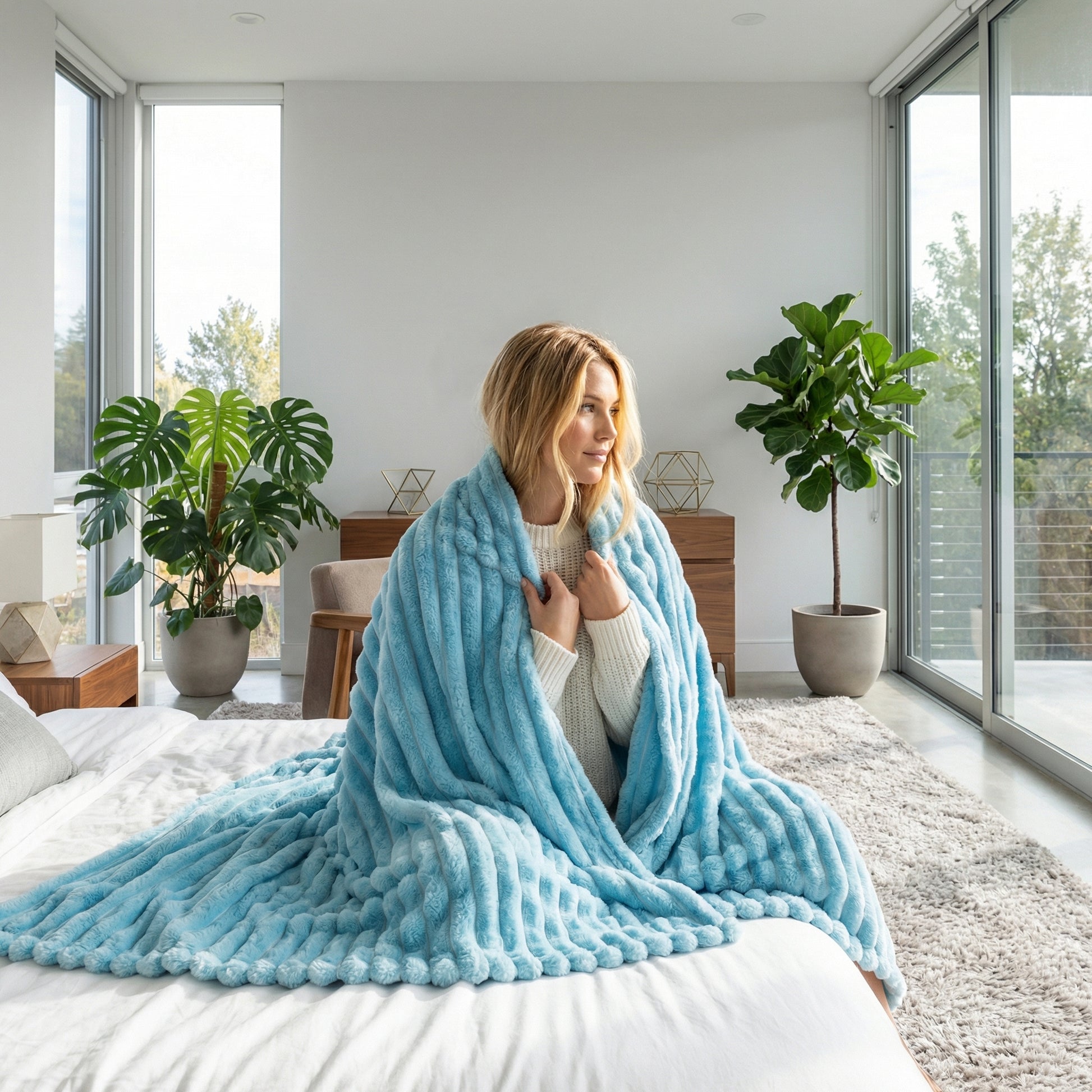Blonde woman wrapped in a soft, light blue CozyNap Flannel Blanket with a textured, ribbed design on a white bed.
