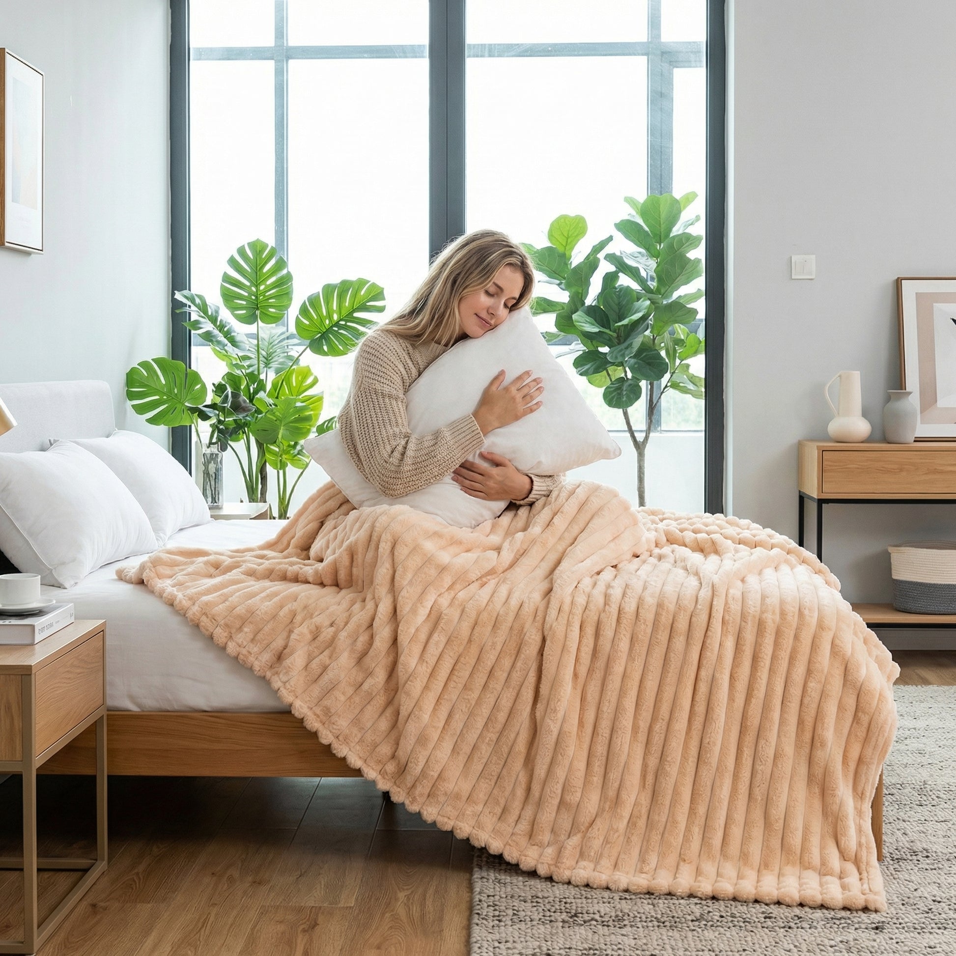 Woman on a bed with a plush, ribbed peach CozyNap Flannel Blanket, hugging a white pillow.