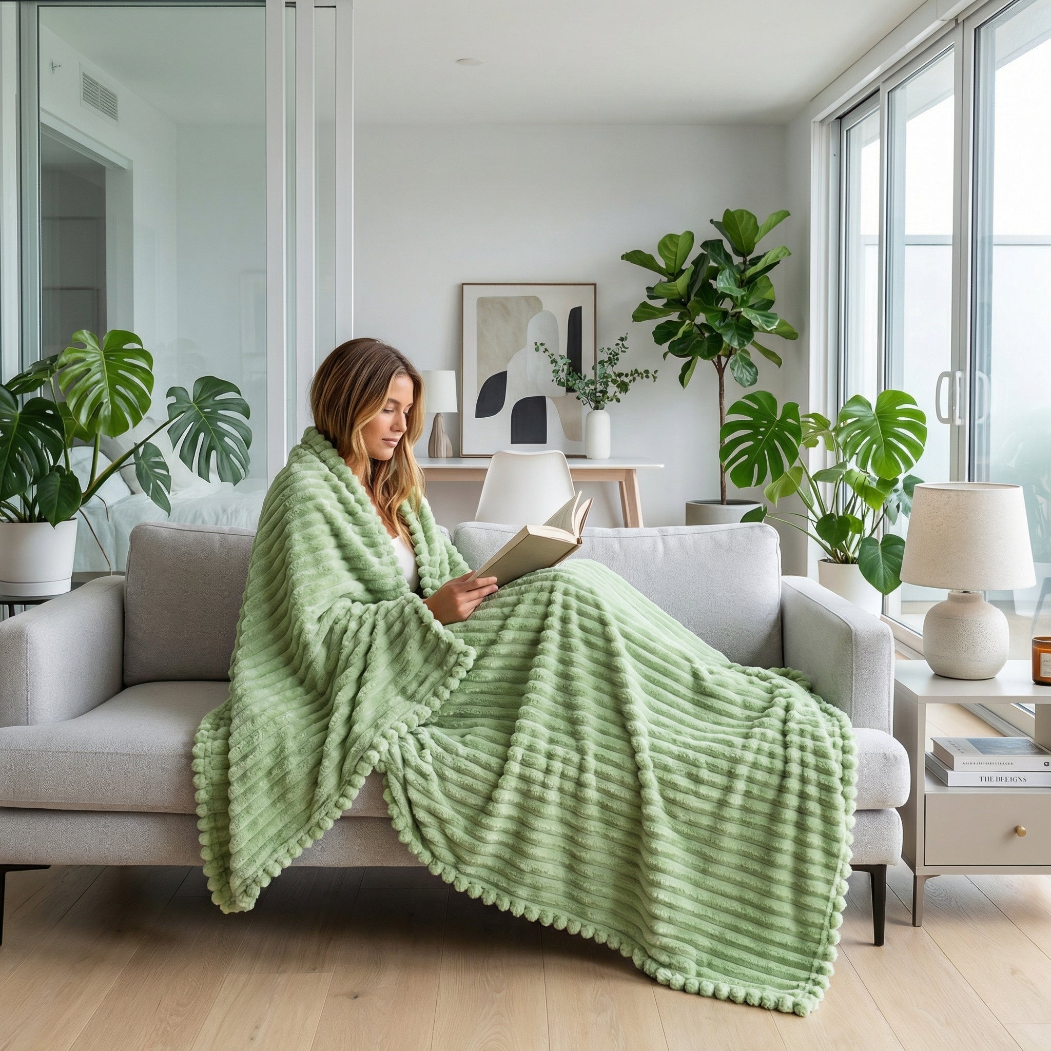 Woman relaxing on a gray sofa, wrapped in a soft, ribbed CozyNap Flannel Blanket in a soothing sage green.