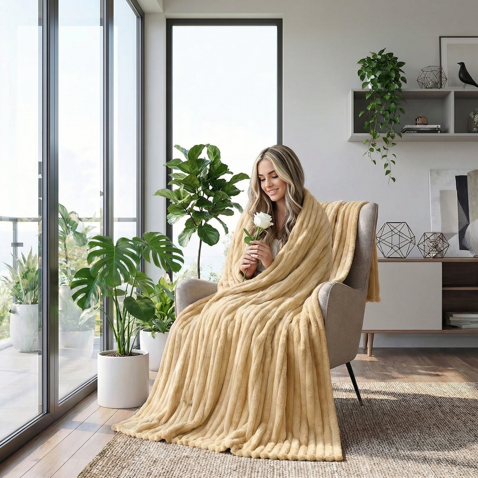 Woman wrapped in a cozy, ribbed golden-beige plush flannel blanket, holding a white rose in a modern living room.