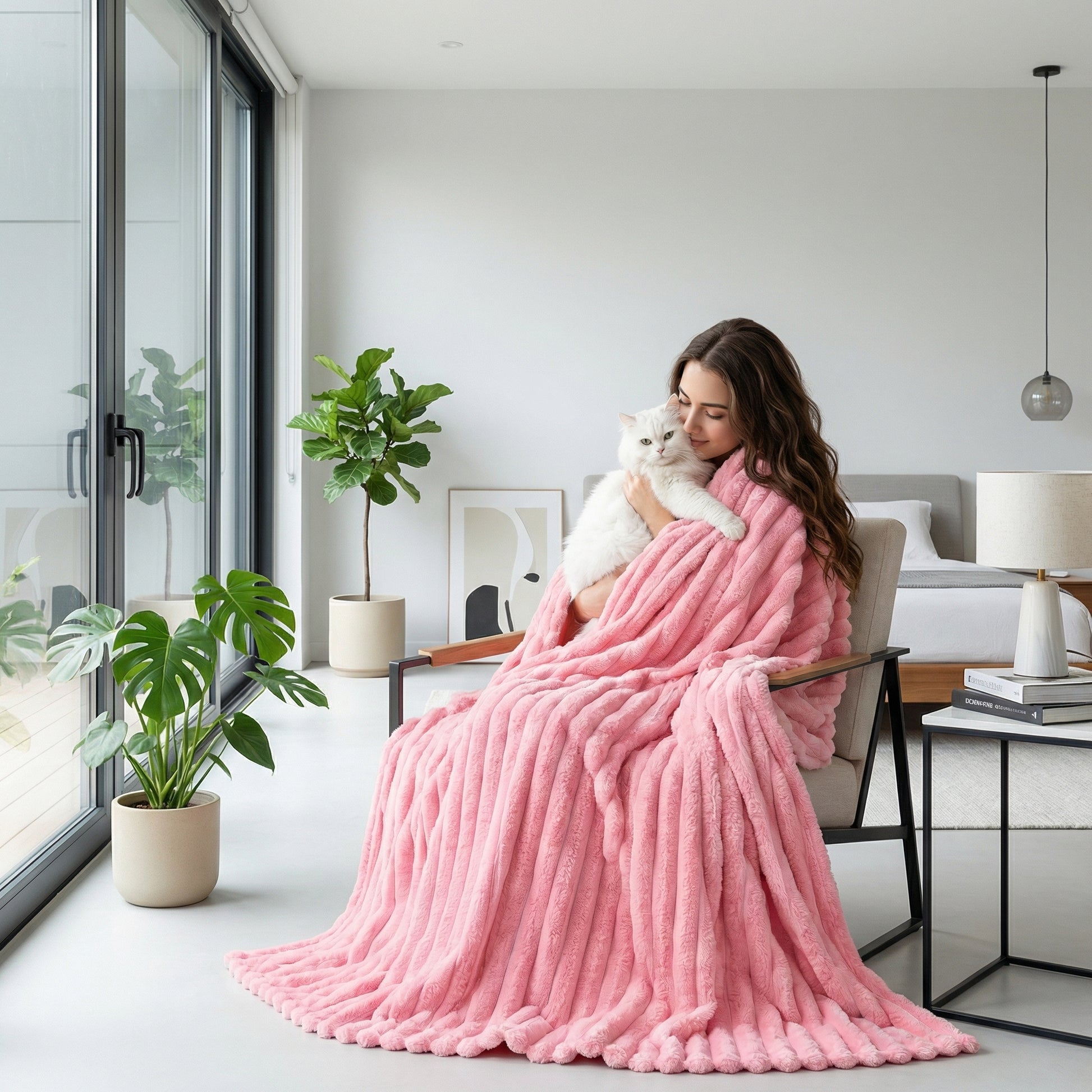 Woman wrapped in a cozy pink plush flannel blanket, holding a white cat, in a modern living space.
