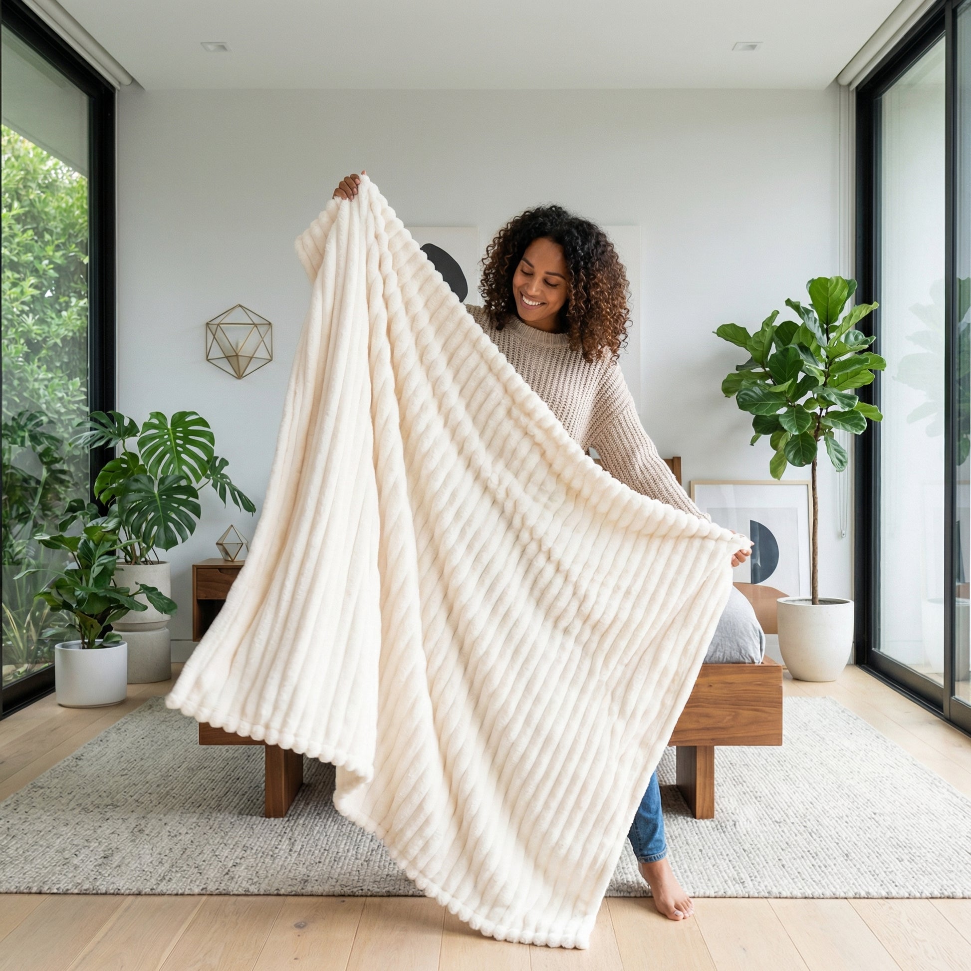 Smiling woman holding a soft, cream-colored CozyNap Flannel Blanket with a ribbed texture in a modern bedroom.