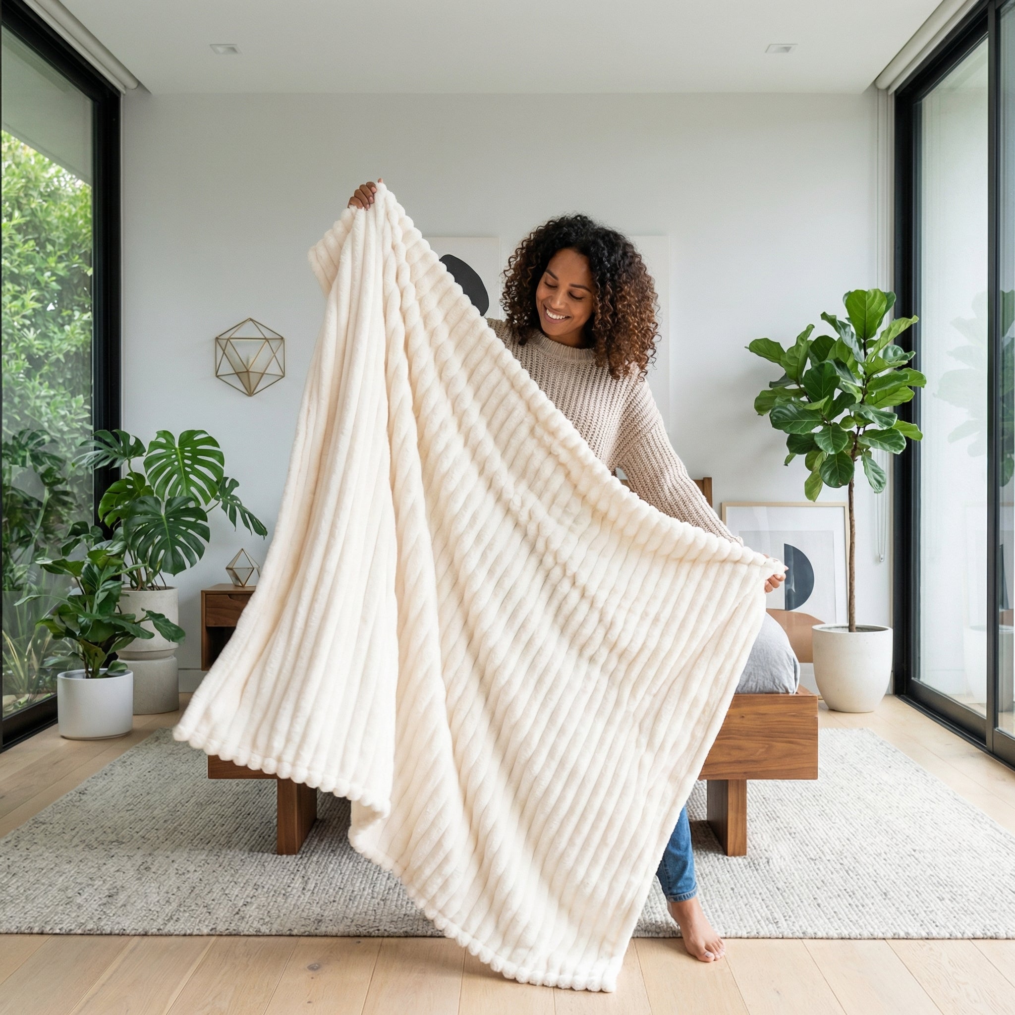 Smiling woman holding a soft, cream-colored CozyNap Flannel Blanket with a ribbed texture in a modern bedroom.