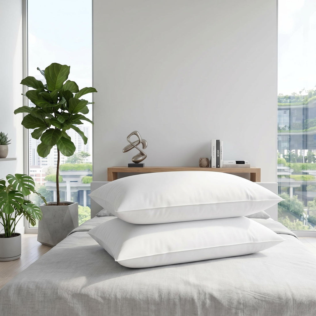Two plush white CozyNest body pillows stacked on a queen bed in a bright, modern bedroom.