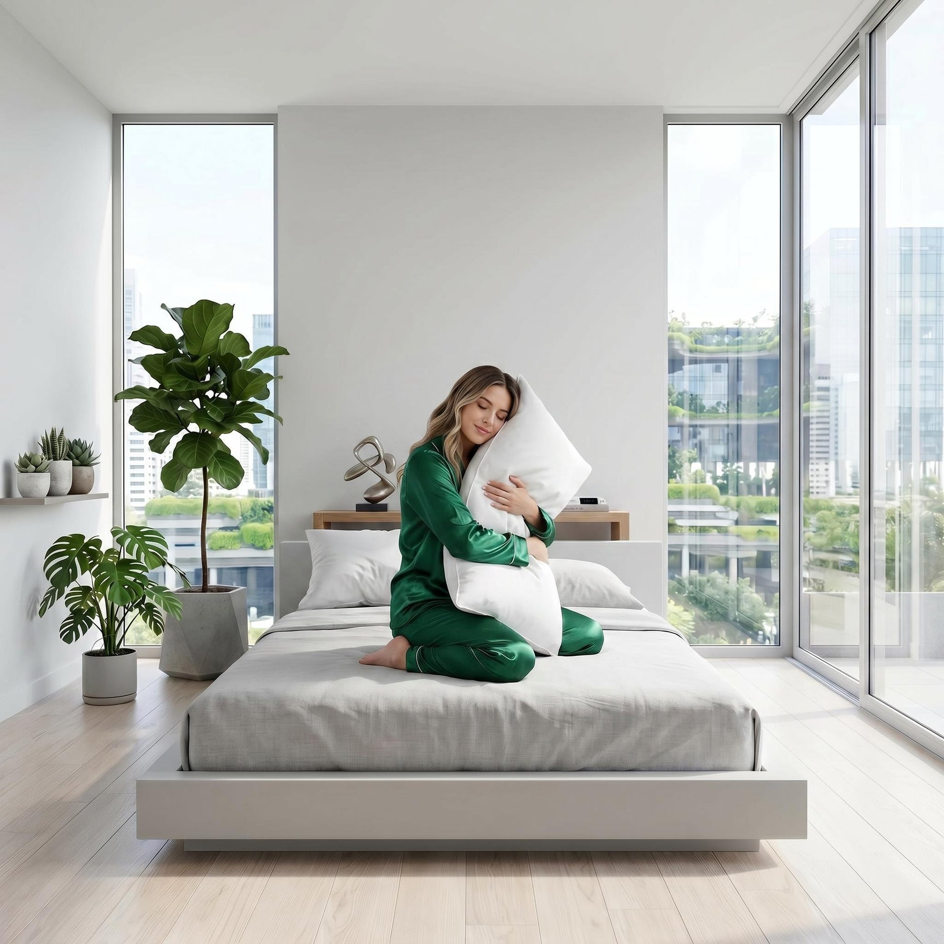 Woman in green pajamas hugging a white CozyNest Body Pillow on a modern bed in a bright bedroom.