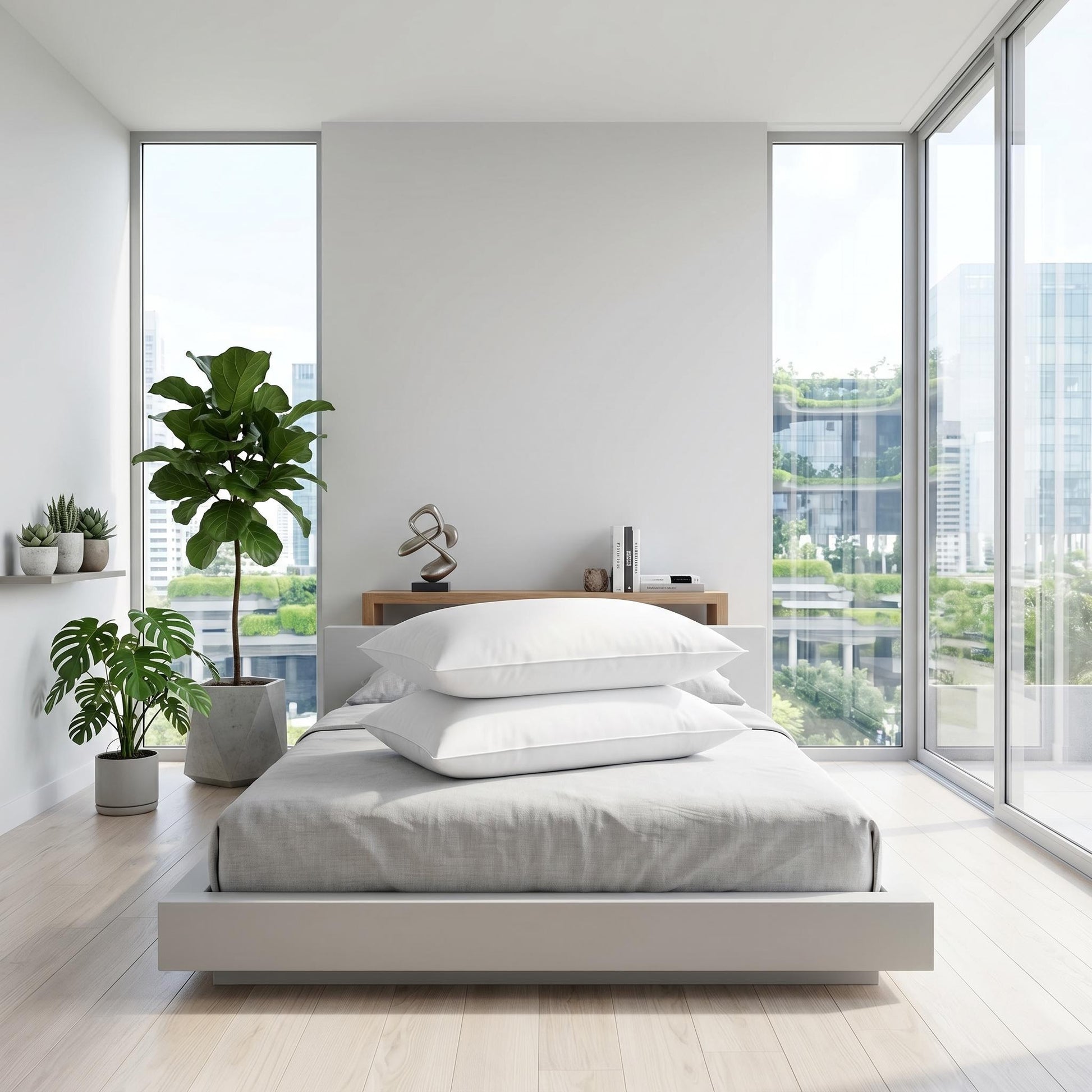Two white CozyNest Body Pillows on a modern bed with light gray bedding in a bright bedroom.